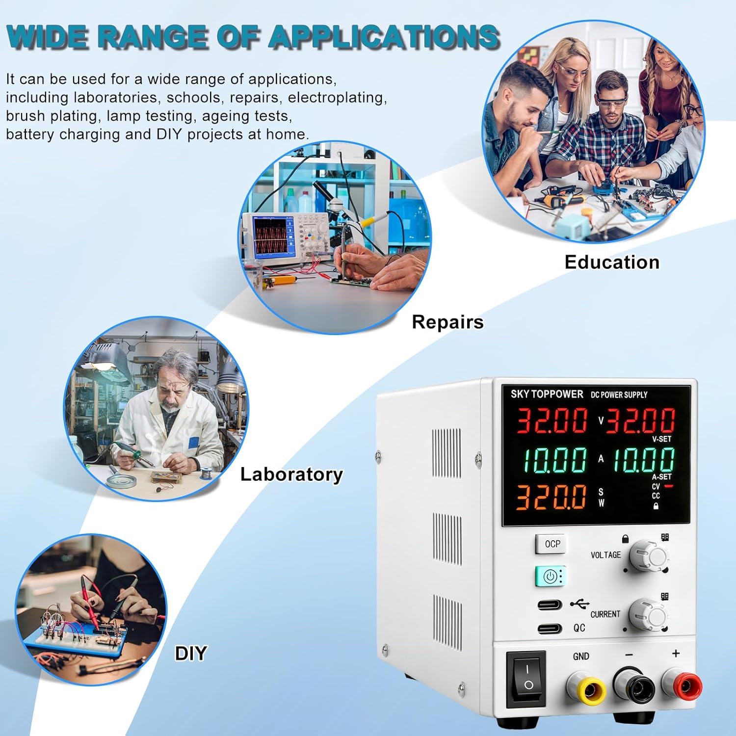 DC Power Supply Variable,32V 10A Power Supply with USB-C PC Control,Programmable,Encoder Knob,18W Quick Charge,Dual Display for Lab,Testing,Electronics Repair,Battery Charging,White