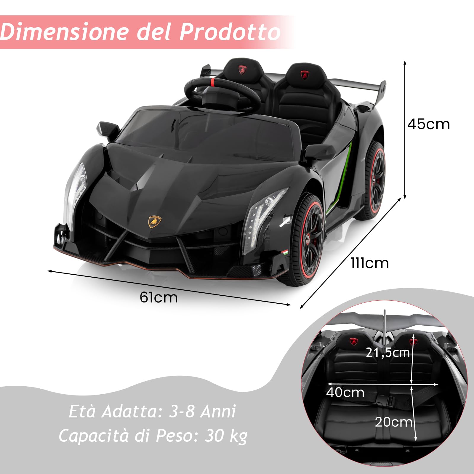 RELAX4LIFE Macchina Elettrica per Bambini, Lamborghini da 12 V con porta idraulica, auto elettrica con telecomando, MP3 e luce LED, veicoli elettrici per bambini(NERO)