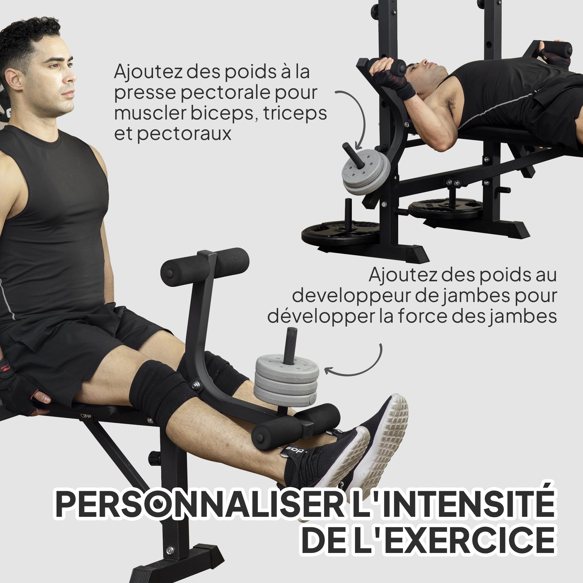 HOMCOM Banc de musculation complet multifonction avec dossier réglable, système de poulie, support pour haltères, écarté pectoraux, banc developper coucher à plat ou incliné entraînement fitness