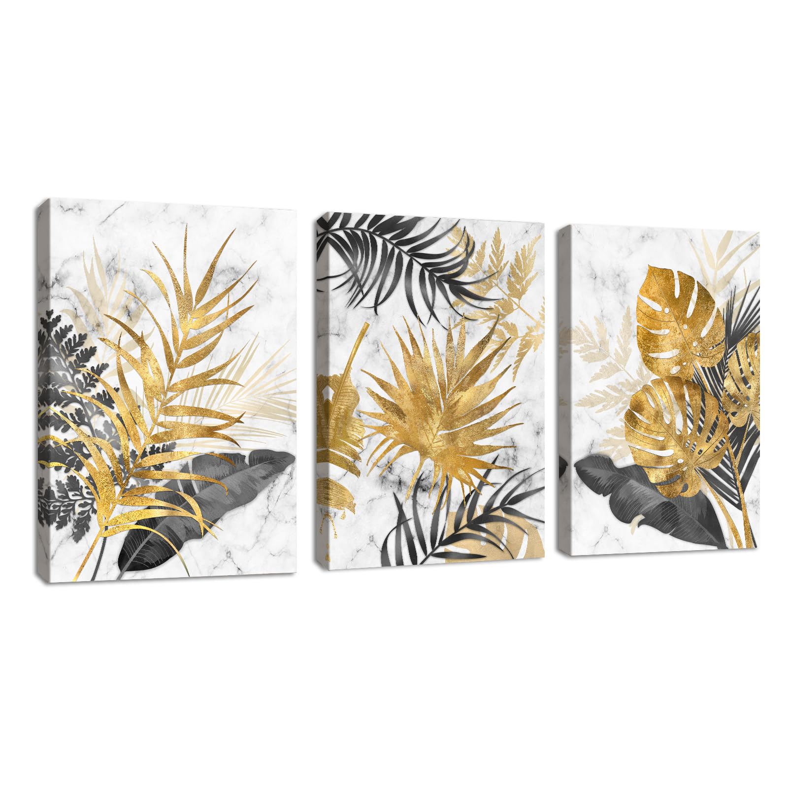 FajerminArt 3 Pieces Modern Canvas Wall Art Marble Tropical Grey Gold Leaves Pictures Printed Art Painting for Living Room Bedroom Office, Ready To Hang, Stretched On Frame, 50x70cmx3 Pcs