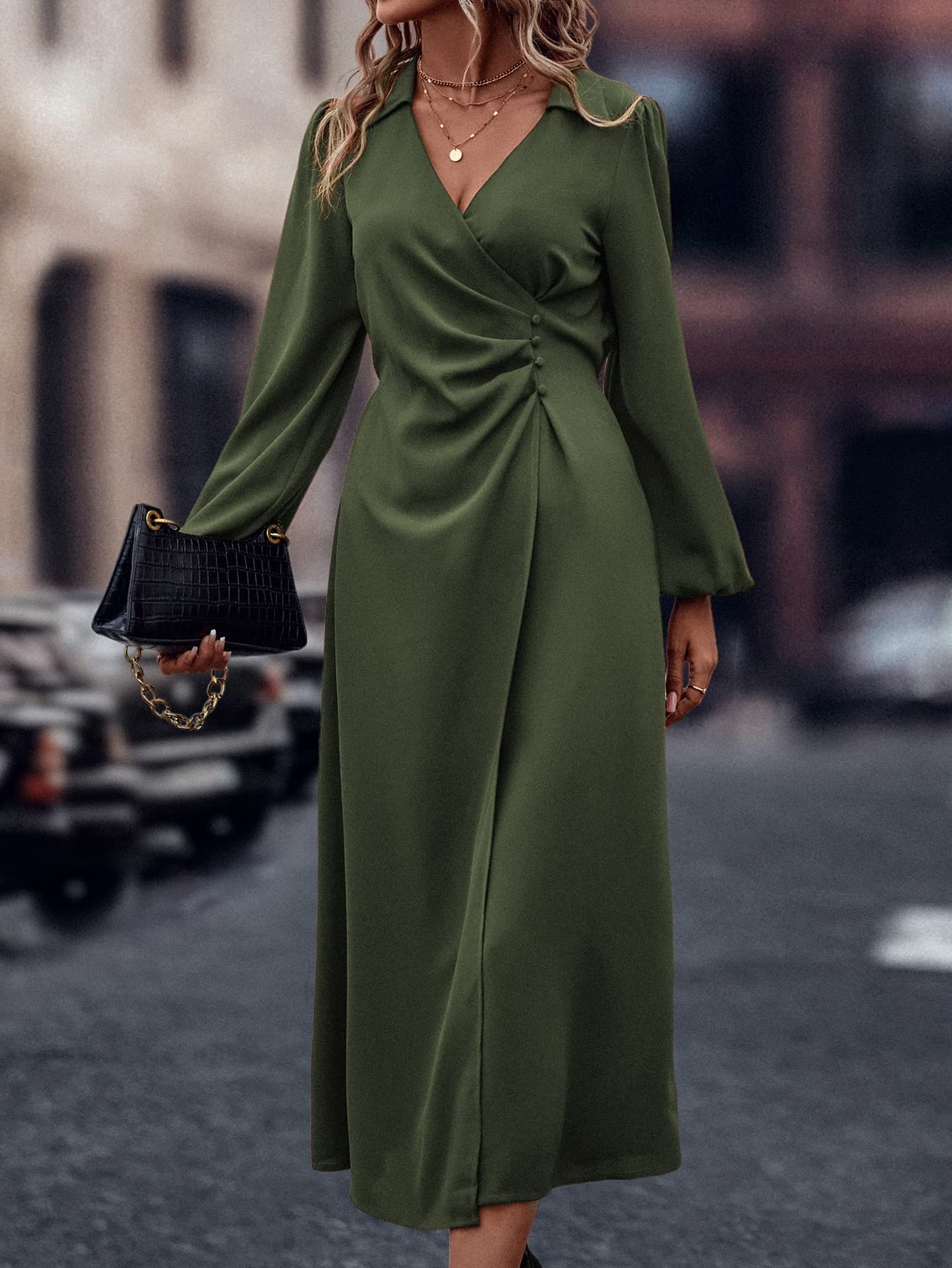 Amazon.com: Women's Dresses Lantern Sleeve Wrap Hem Dress Dress for Women  (Color : Olive Green, Size : Large) : Clothing, Shoes & Jewelry
