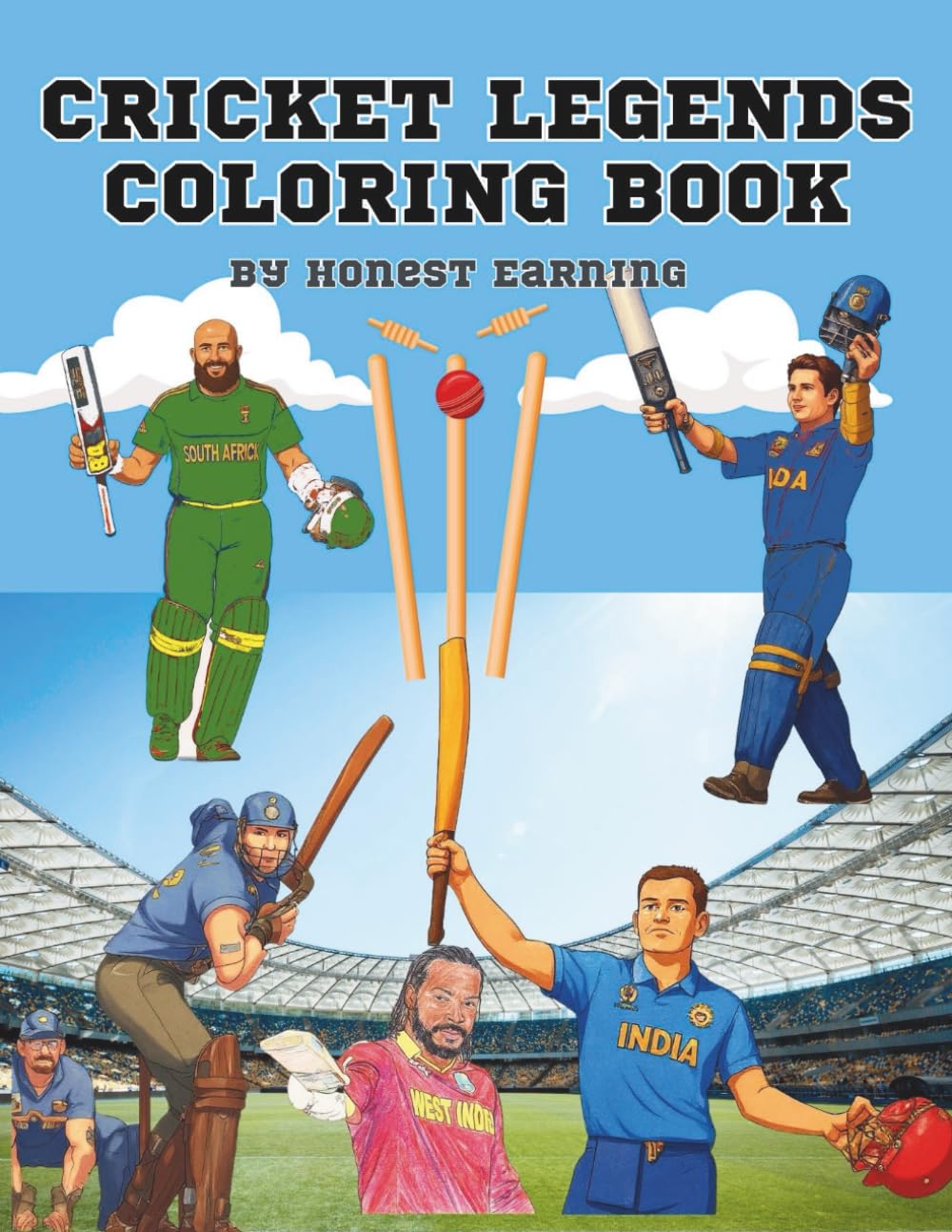 Cricket Legends Coloring Book: 50 Famous Cricketers from Around the World: Iconic players from India, Australia, West Indies, Pakistan, England, South Africa, and more