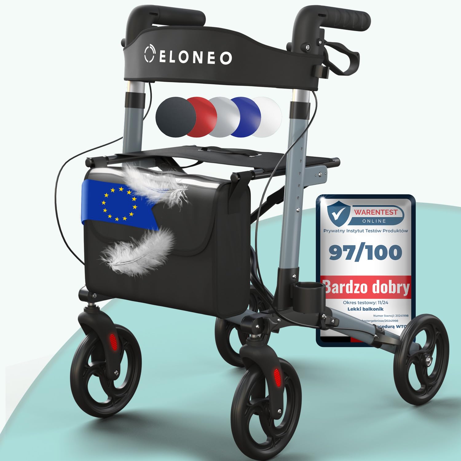 ELONEO Lekki rollator z siedziskiem, 8-stopniowa regulacja wysokości, 3-krotnie składana pomoc do chodzenia z torbą i uchwytem na parasol, mieści się w samochodzie (Antracyt)