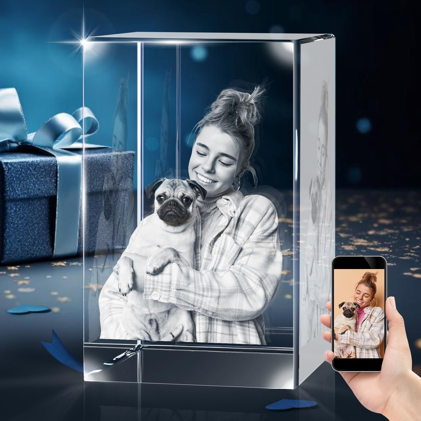 3D Crystal Photo Frame with Custom Laser Engraving, Personalised Heart Shape Picture Gift for Anniversary, Wedding, Birthday (3D Square Vertical Frame)