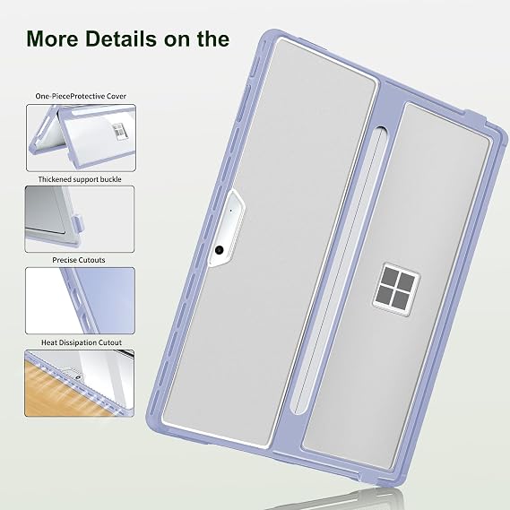 13 Microsoft Surface Pro 11/10/9/8 Case, with Stent Cover, All-in-One Shockproof Folio Rugged Case Type Cover Keyboard, TPU Material Transparent & Purple
