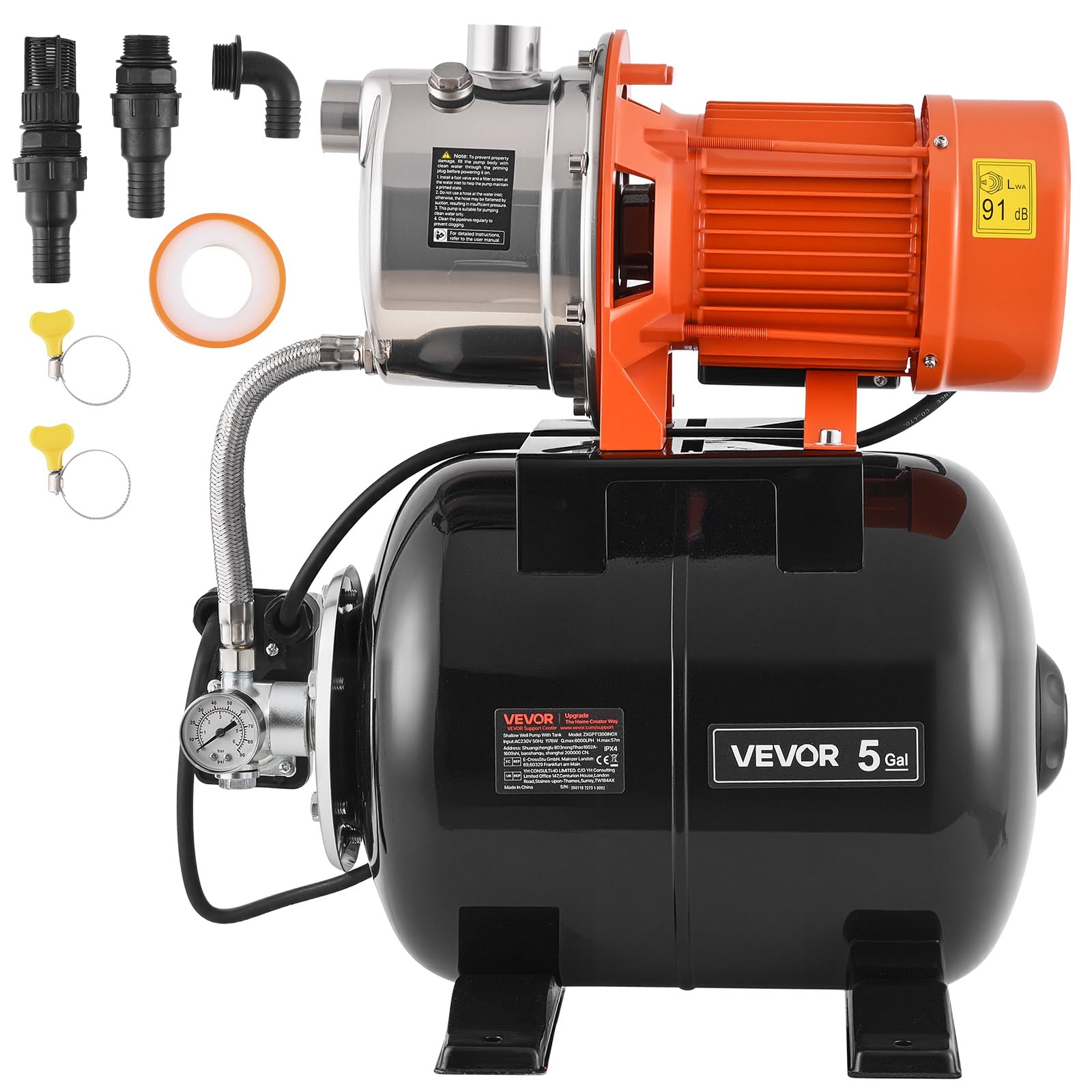 VEVOR Bomba para Pozos Poco Profundos 1,6 HP, Bomba de Agua de Trasvase 6000 LPH, de Acero Inoxidable, con Tanque de Presión 19 L, Filtro, Sistema de Refuerzo de Agua Automático, para Jardín, Césped