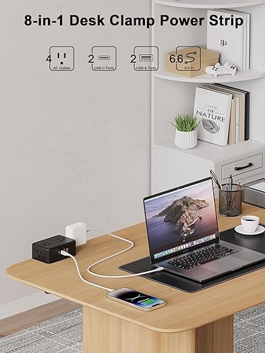 Miniatura 2 de Regleta de alimentación con abrazadera de escritorio, 4 salidas de CA, 2 puertos USB-C, 2 puertos USB-A, salida de montaje en borde de tubo de
