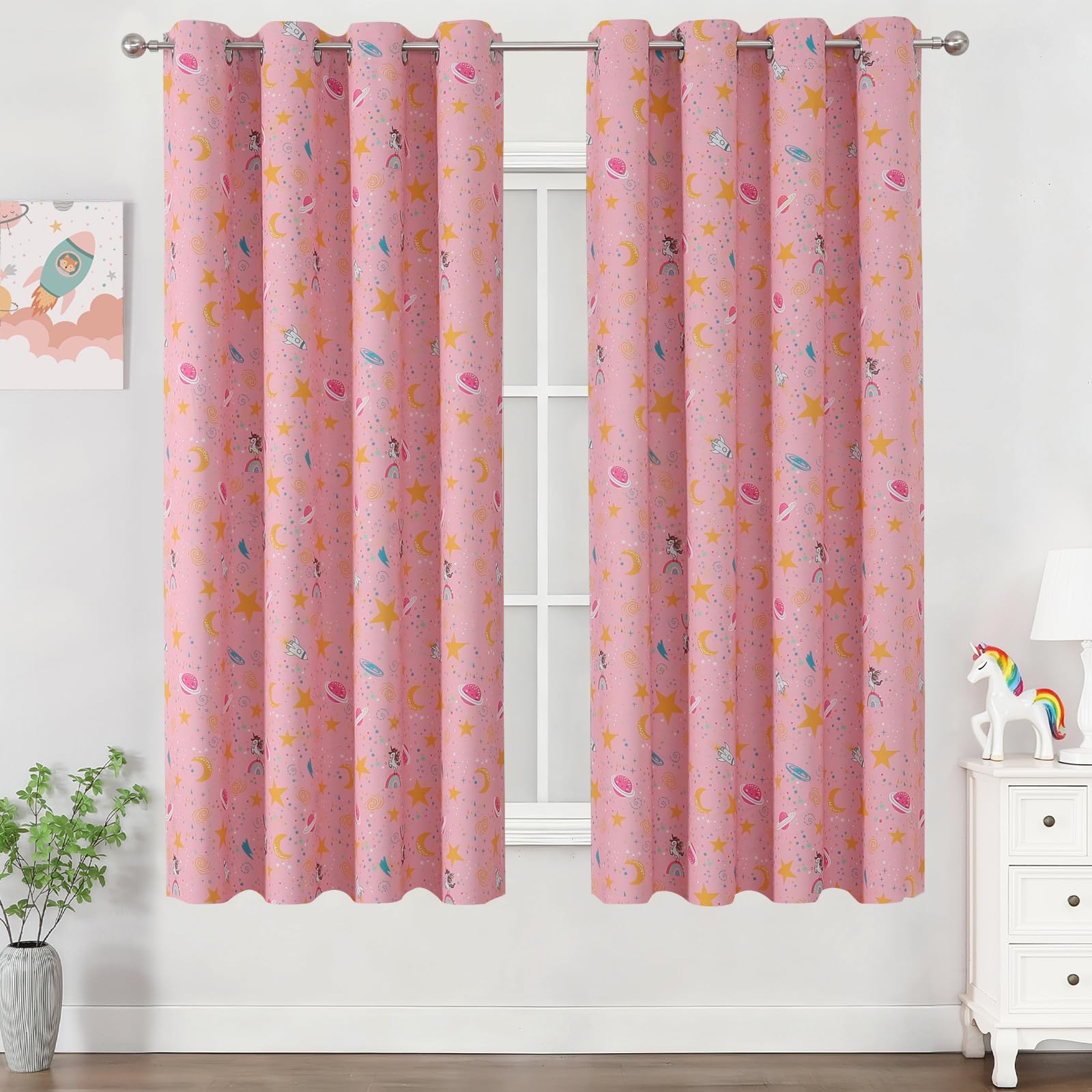 Unicorn &amp; Rainbow Pink Room Darkening Curtains 63 Inch Long for Girls Room