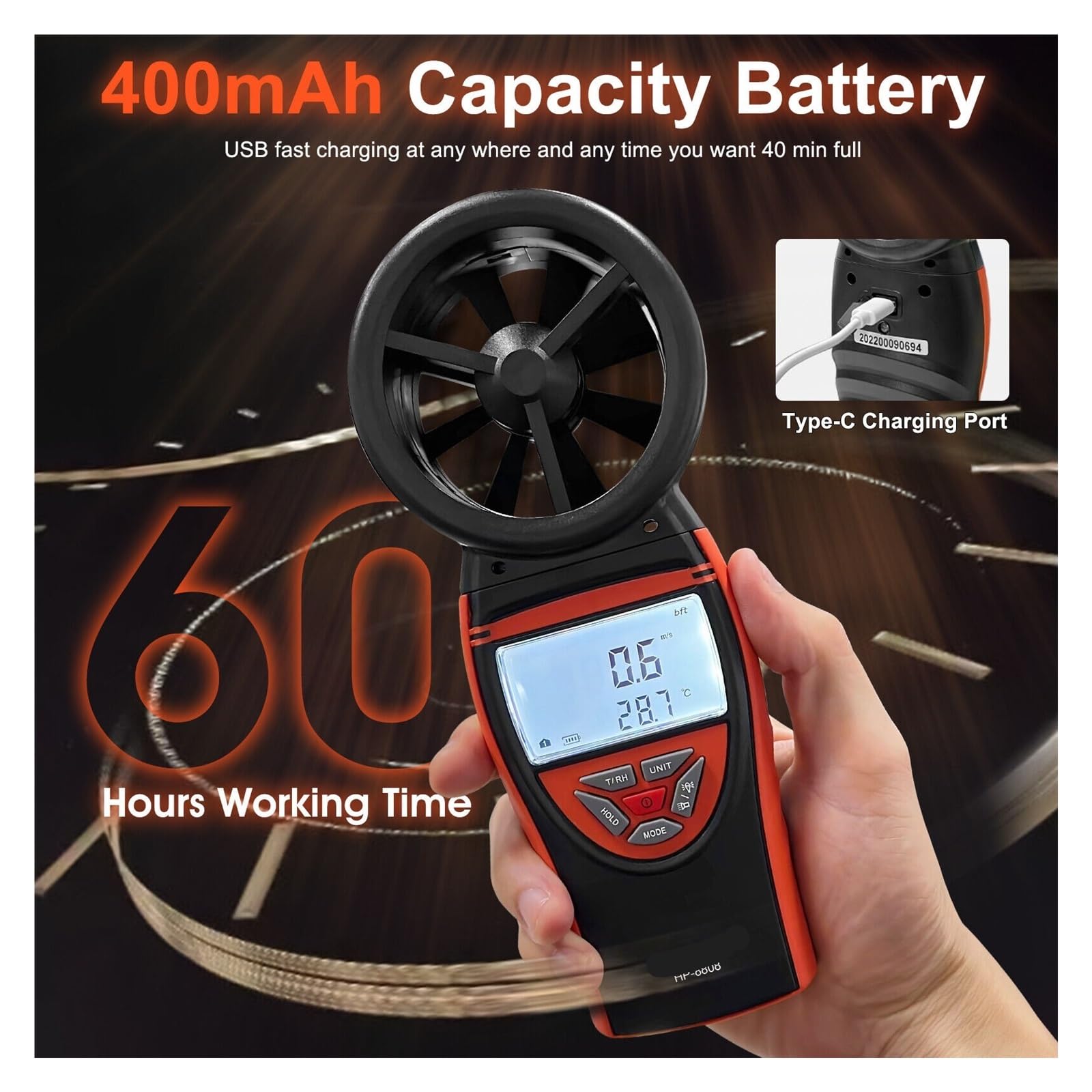 Anemómetro anemómetro, alta precisión, tacómetro profesional, RPM Digital, medidor de velocidad del aire, recargable