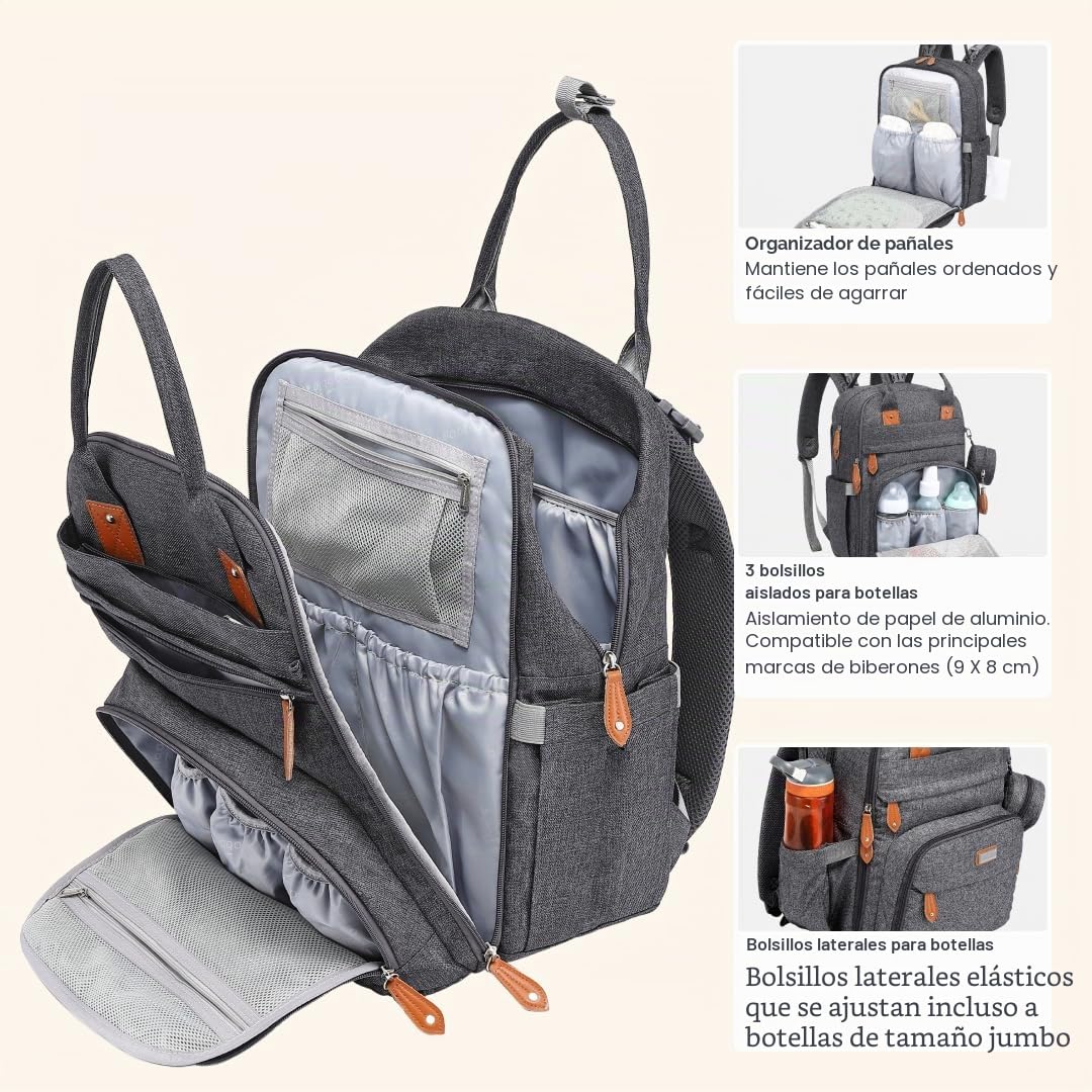 BabbleRoo Mochilas de Pañales para Bebé, Gran Capacidad Mochila de Cambio Bolsa para Pañales con Cambiador y Porta Chupones para Mamá y Papá