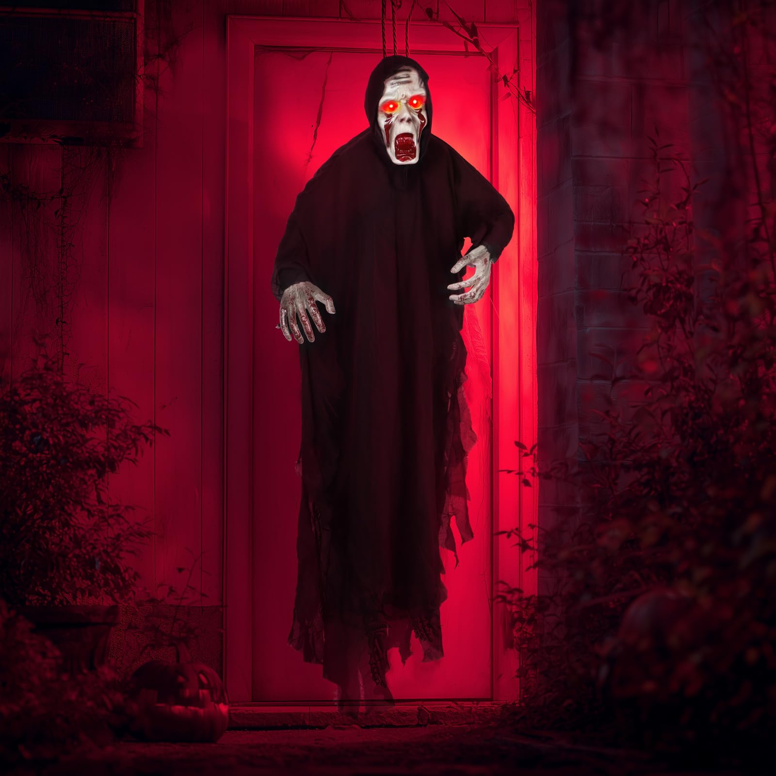 Natale Horror 2025 Decorazioni Halloween Fantasma da Appendere Scheletro con Occhio Rosso, Attivato dalla Voce Addobbi Casa Decorazioni Esterno Horror Giardino
