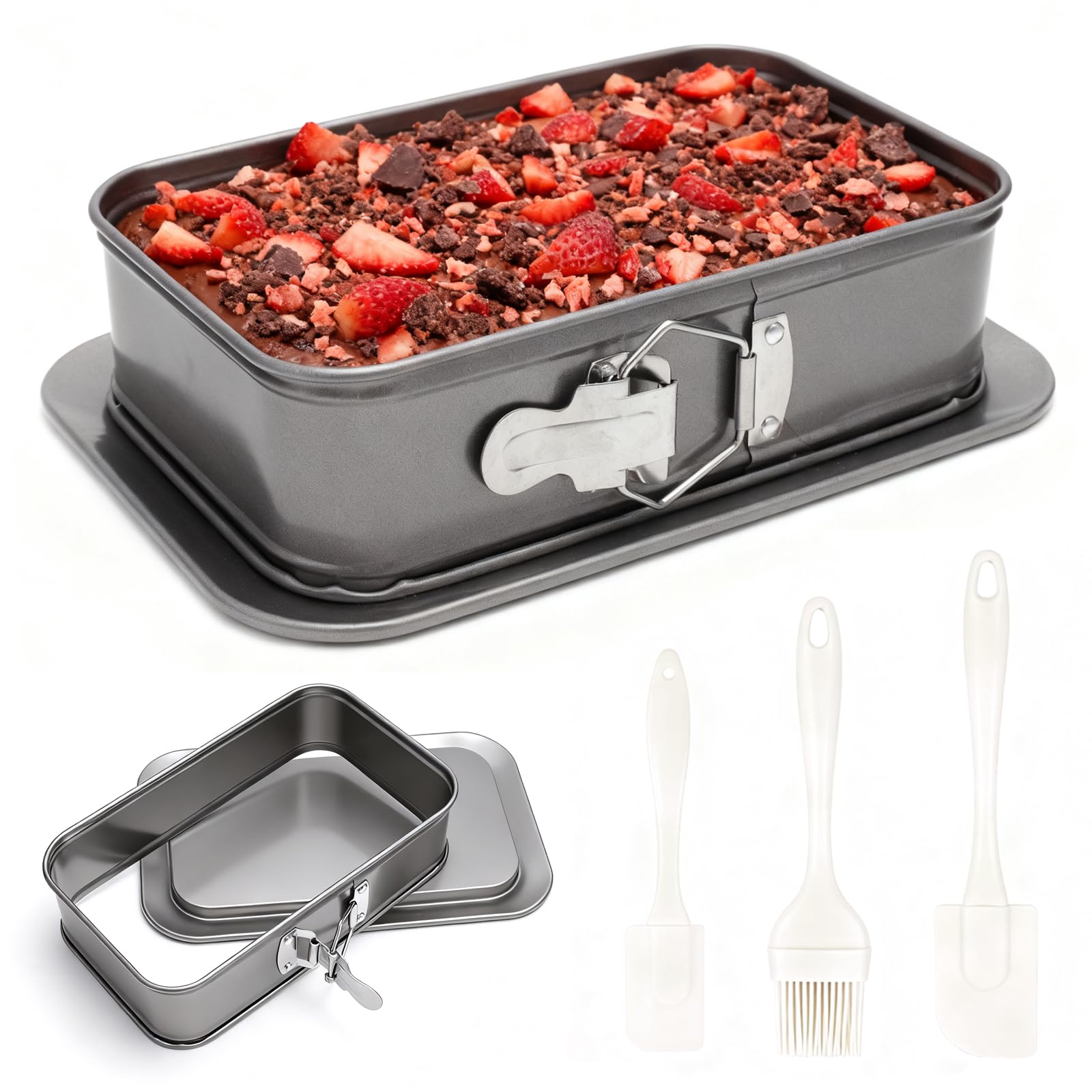 Backform Rechteckig 18x6,6cm mit Springform Eckig Set Antihaft Kuchenform mit Servierboden & 3 Silikon Teigschaber Rechteckige Backform für Blechkuchen & Käsekuchen Zuhause und als Geschenkset