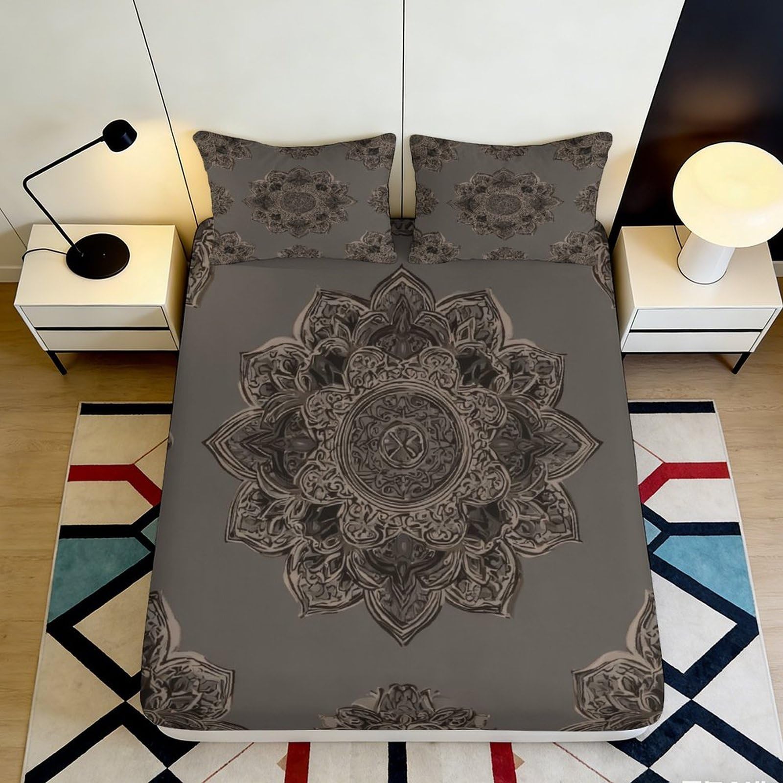 Pnayamiorkfel Style-6 3D Printed Mandala Pattern Fitted Sheet Microfiber Dark Grey Lotus Bed Cover For Bedroom Guest Room Decor Protection 90X200x25cm