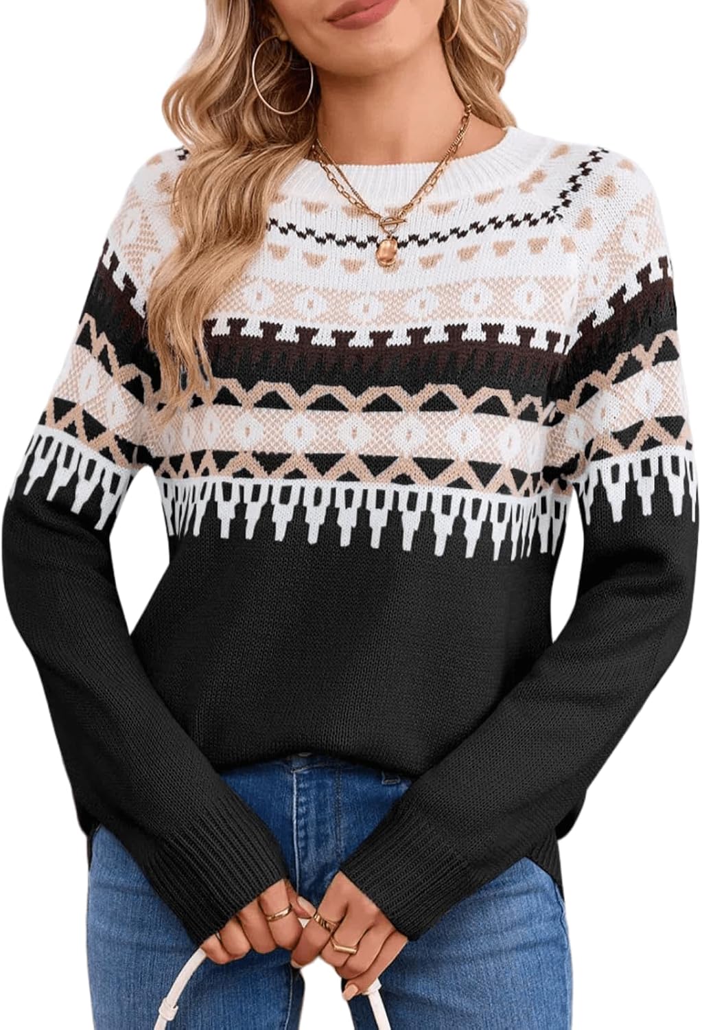Women's Vintage Fair Isle Pullover Sweater Casual Fit Dressy Crewneck Long Sleeve Lightweight Knit Tops