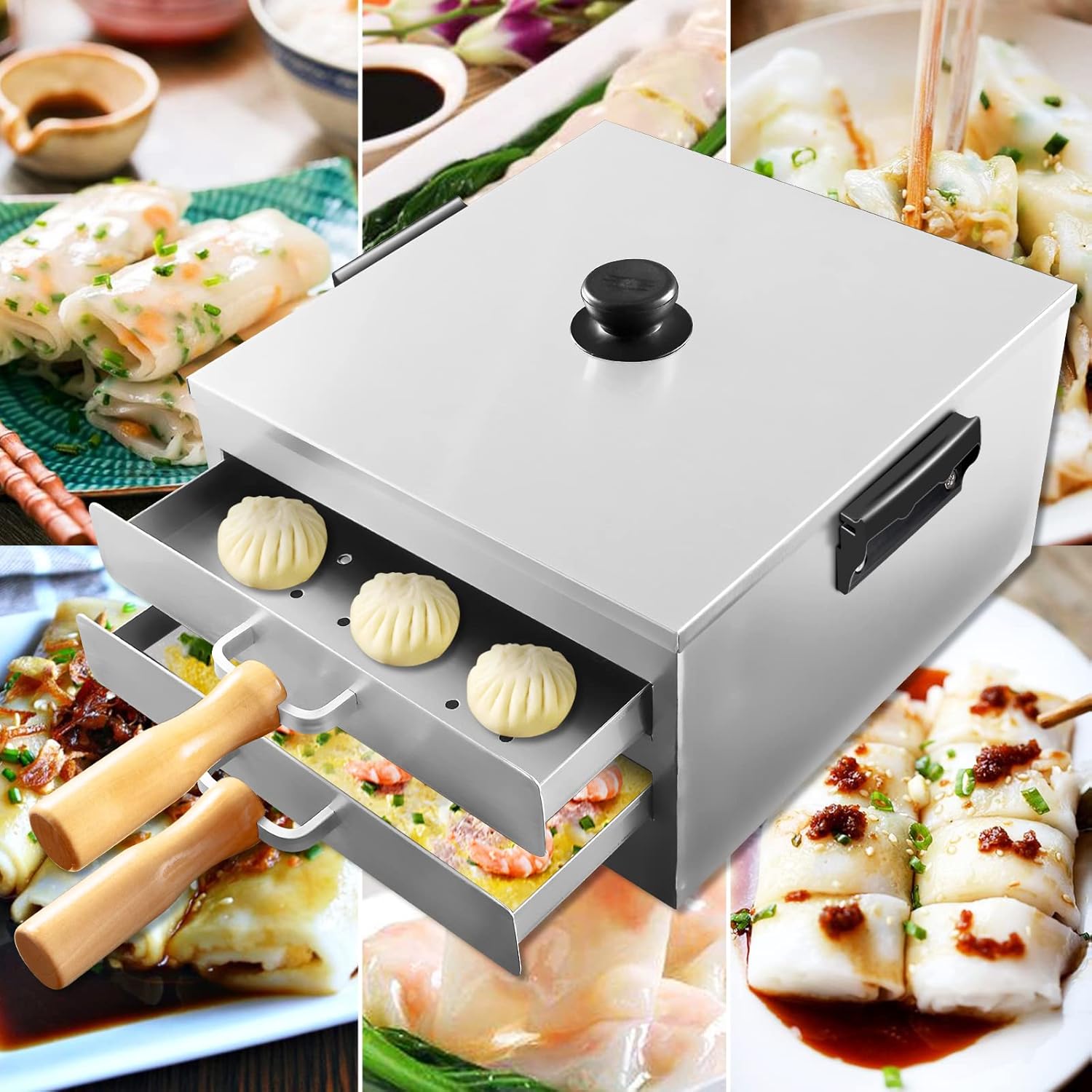 Rice Noodle Rolls Machine 2-layer 304 Stainless Steel Steamed Vermicelli Roll Steamer Cantonese Cuisine Household Cookware with Removable Lid Changfen Cookware Kitchen Food Steamer 1tray with hole: Home & Kitchen