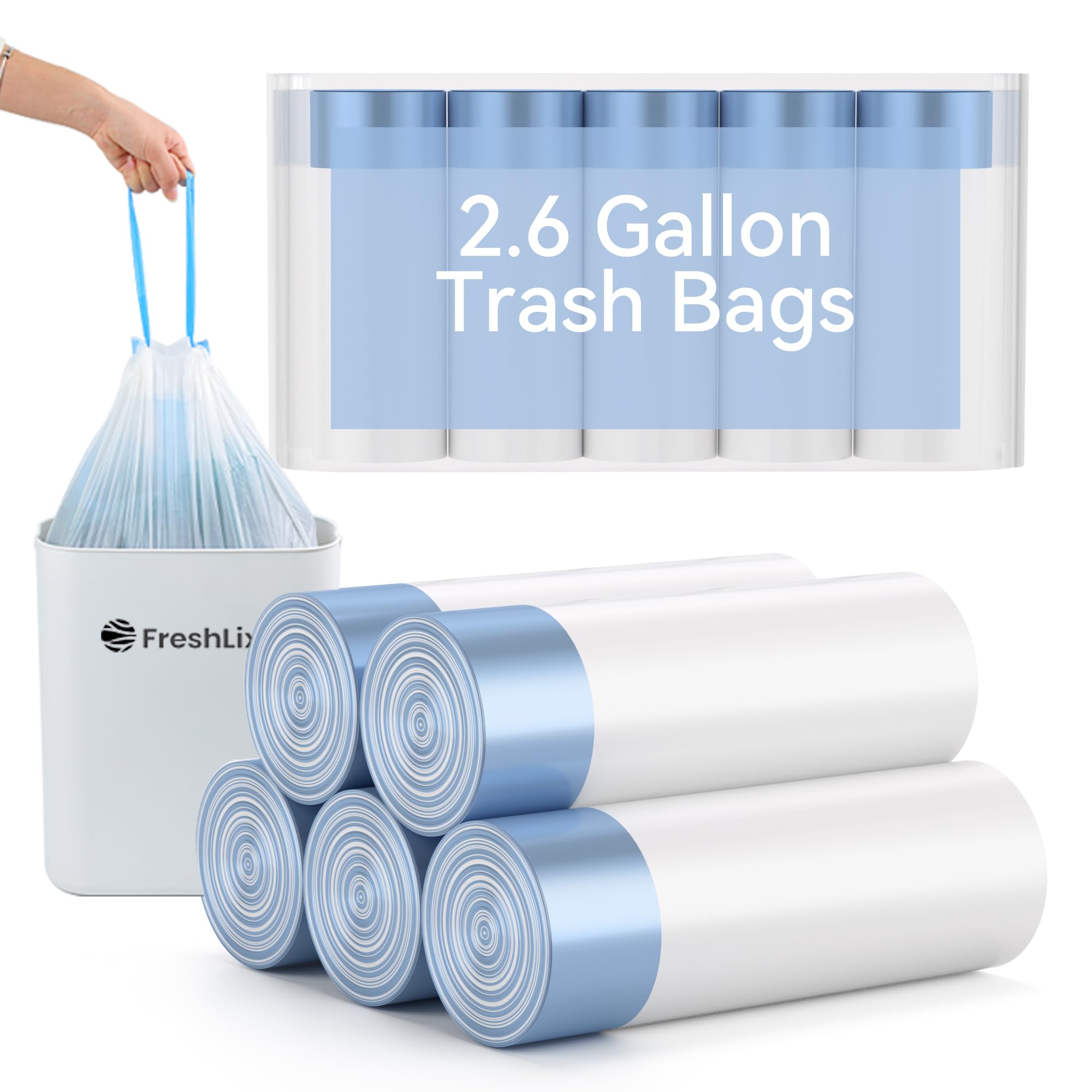FRESHLIX Small Drawstring Trash Bags 2.6 Gallon Bathroom Trash Can Liners 75 Count White Garbage Bag for Office, Kitchen, Bathroom, Bedroom Waste Basket