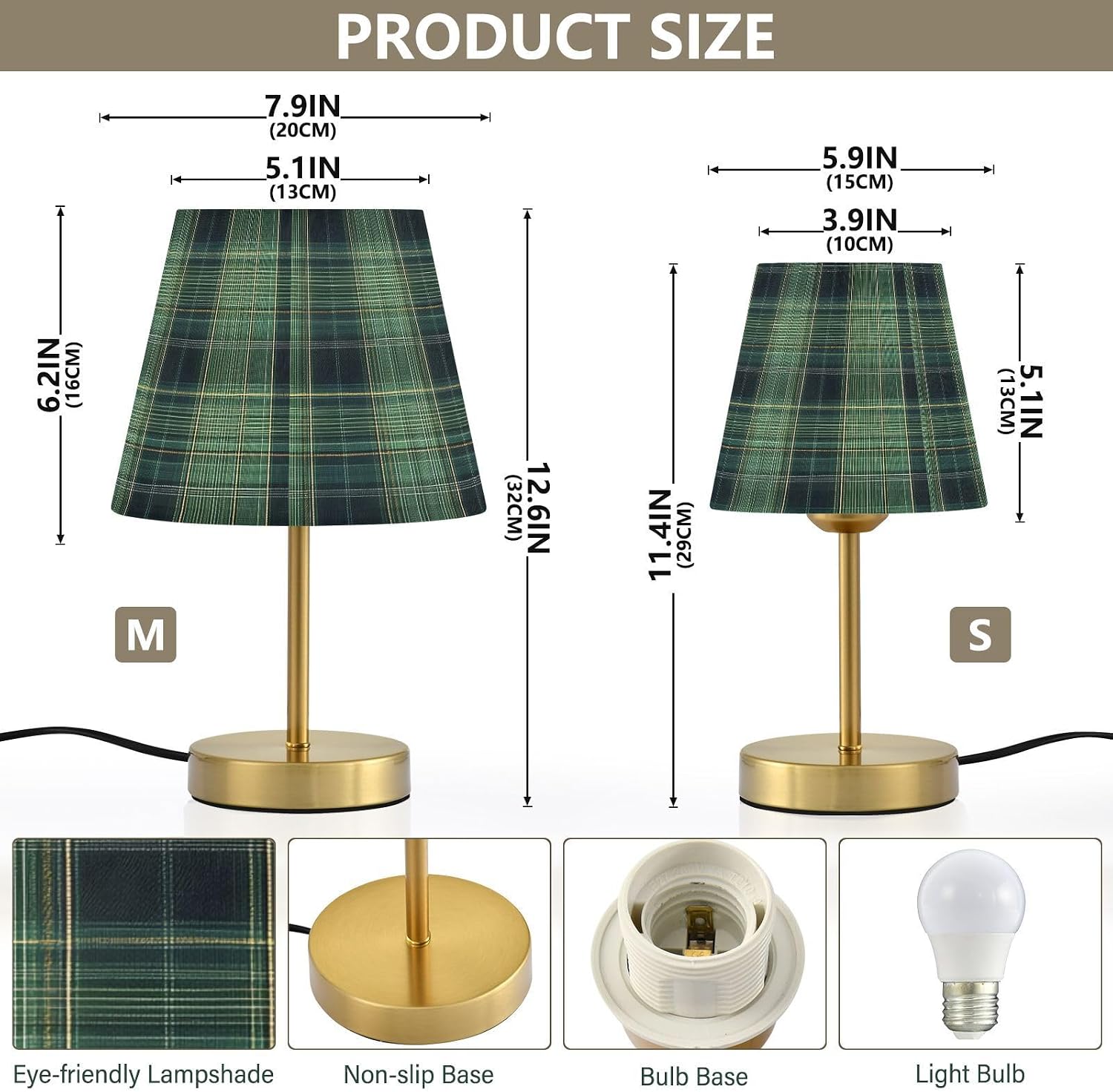 ALAZA Table Lamp for Bedroom Nightstand Dark Green Buffalo Plaid Checkered Bedside Lamp with USB Port Fabric Shade Dimmable Desk Lamps Bronze Metal Base Living Room