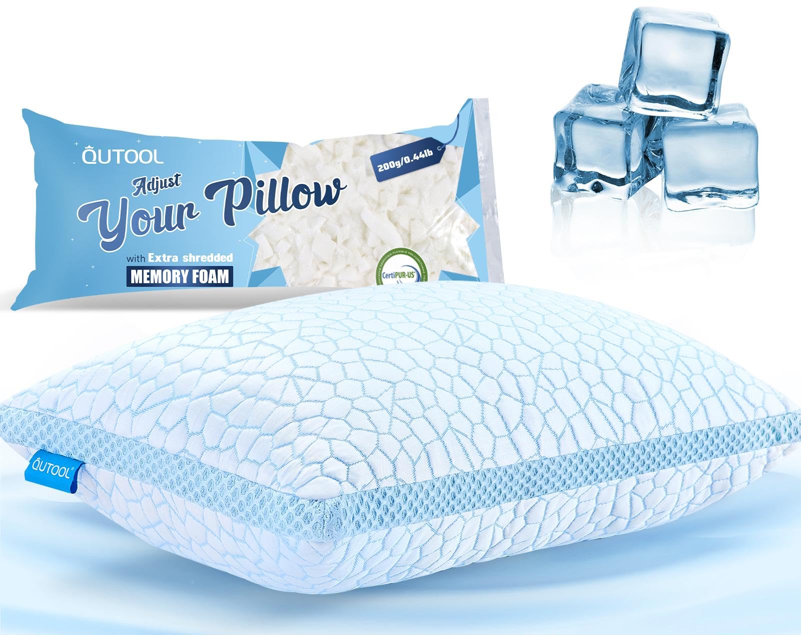 QUTOOL Cooling Pillows for Hot Sleeping Shredded Memory Foam Pillows Queen Size Set of 1 Adjustable Soft Firm