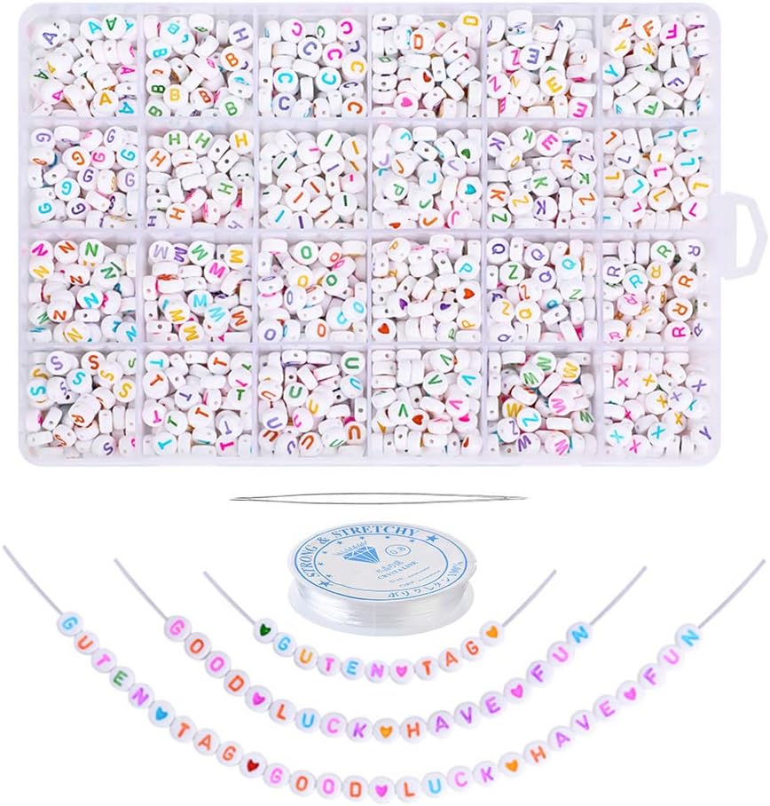 DoreenBowDoreenBow 1500PCS Colorful Letter Beads Round Alphabet Letter Beads A-Z and Heart Beads for Necklaces Bracelets Jewelry Making Chains