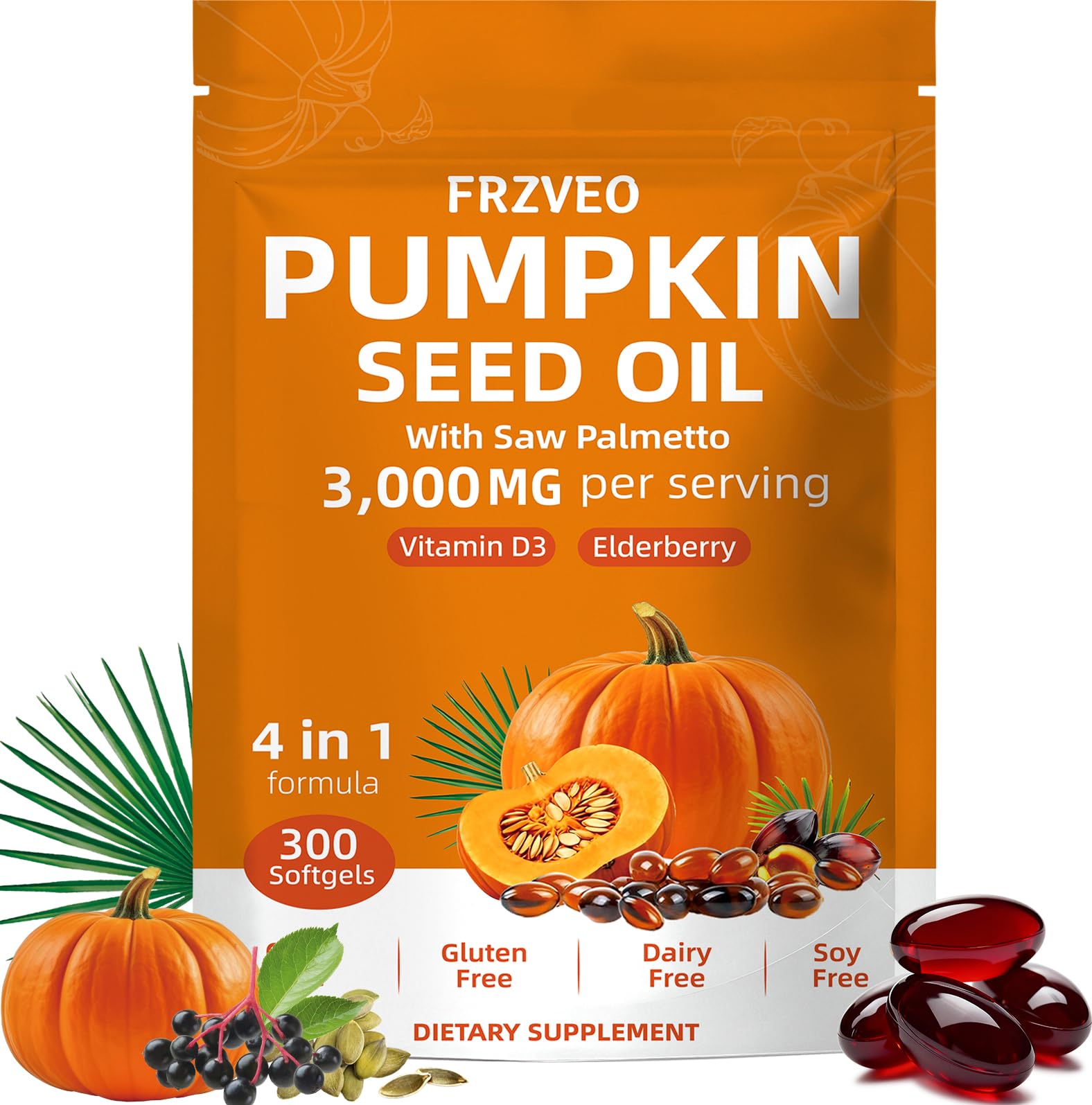 300 Capsules Cold Pressed Pumpkin Seed Oil with Saw Palmetto, Vitamin D3 & Elderberry – Virgin Oil, Supports Prostate, Hair & Urinary Health (Aceite de Semilla de Calabaza)