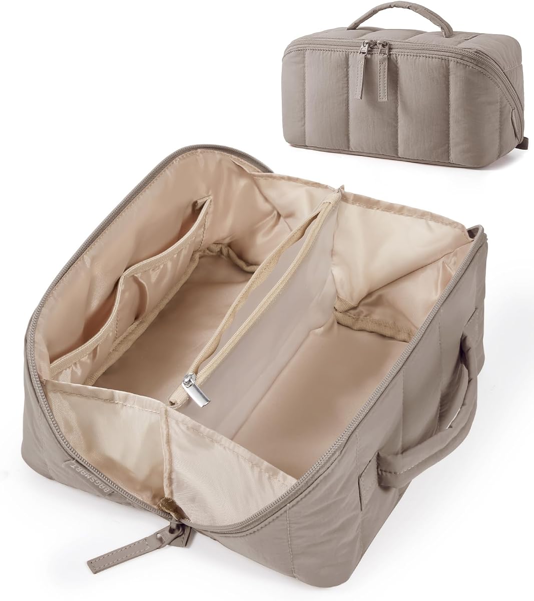Puffy Travel Makeup Bag Toiletry Bag for Women, Brown | Open Flat, Portable, Make Up Organizer, Water-resistant, Puffy Padded, For Toiletries, Brushes