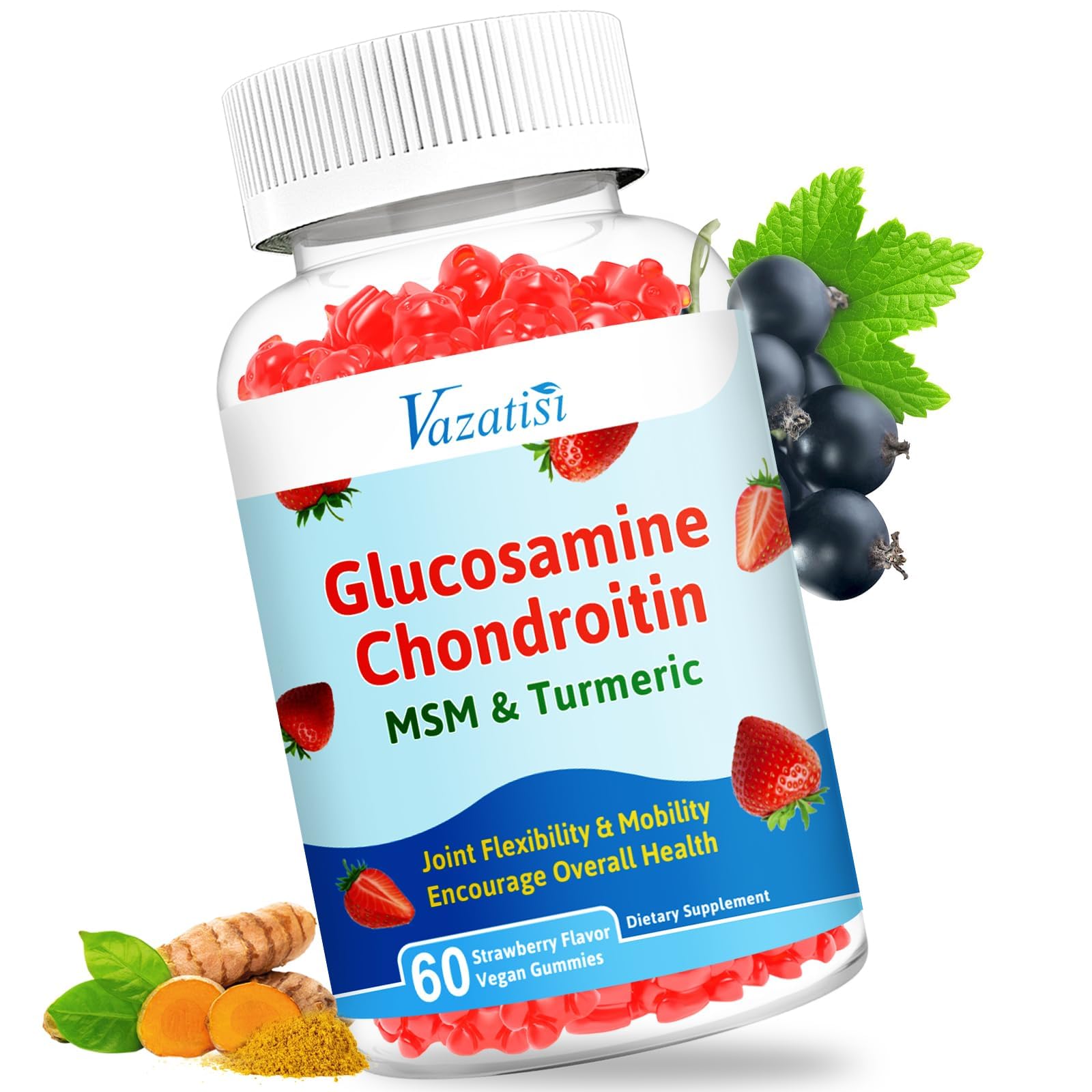 High Bioavailable Glucosamine Chondroitin Gummies with Turmeric & MSM, Boswellia -Joint Support Supplement - Cartilage Support, Flexibility & Strength - 60 Gummies Strawberry 60 Count (Pack of 1)
