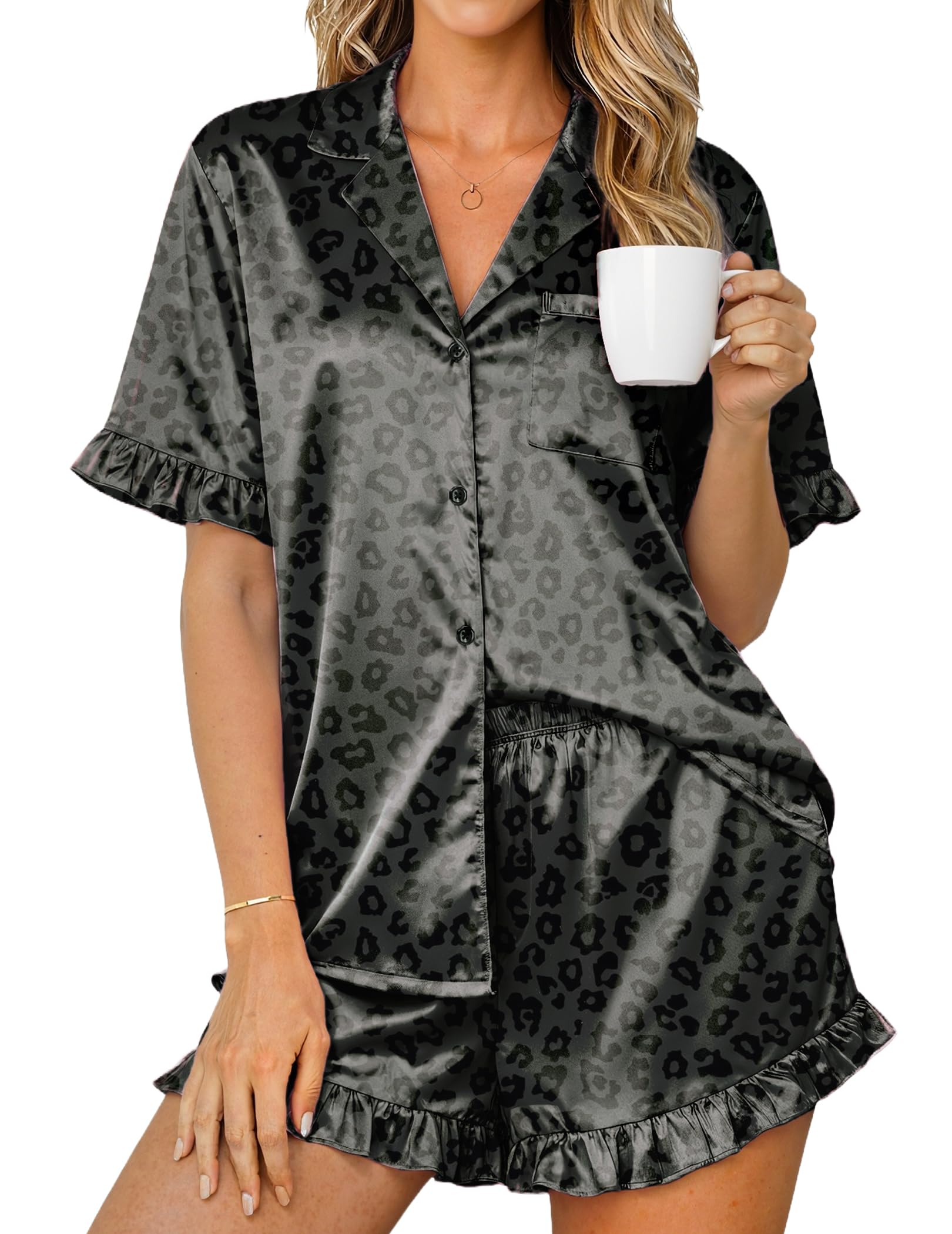 Ekouaer Womens Satin Pajamas Set Button Up Silk Pjs Short Sleeve Shorts Set