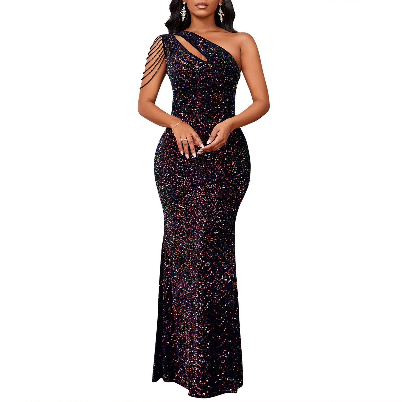 Cololura Women Sequin Elegant Sexy One Shoulder Tassel Mermaid Bodycon Cocktail Evening Dress