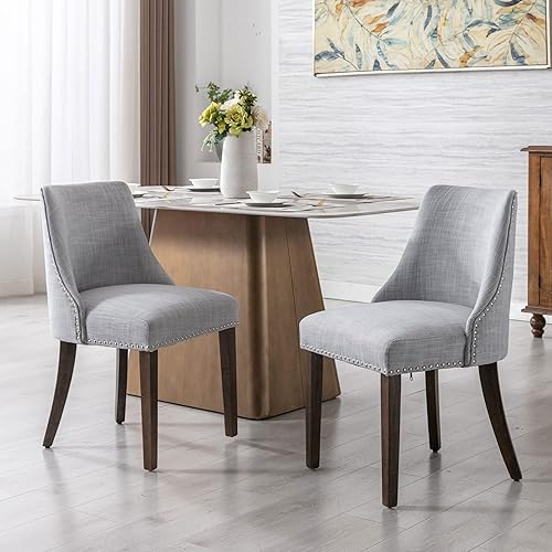 DM Furniture Juego de 2 sillas de comedor modernas de mediados de siglo, sillas decorativas de tela de lino, sillas auxiliares de madera para sala