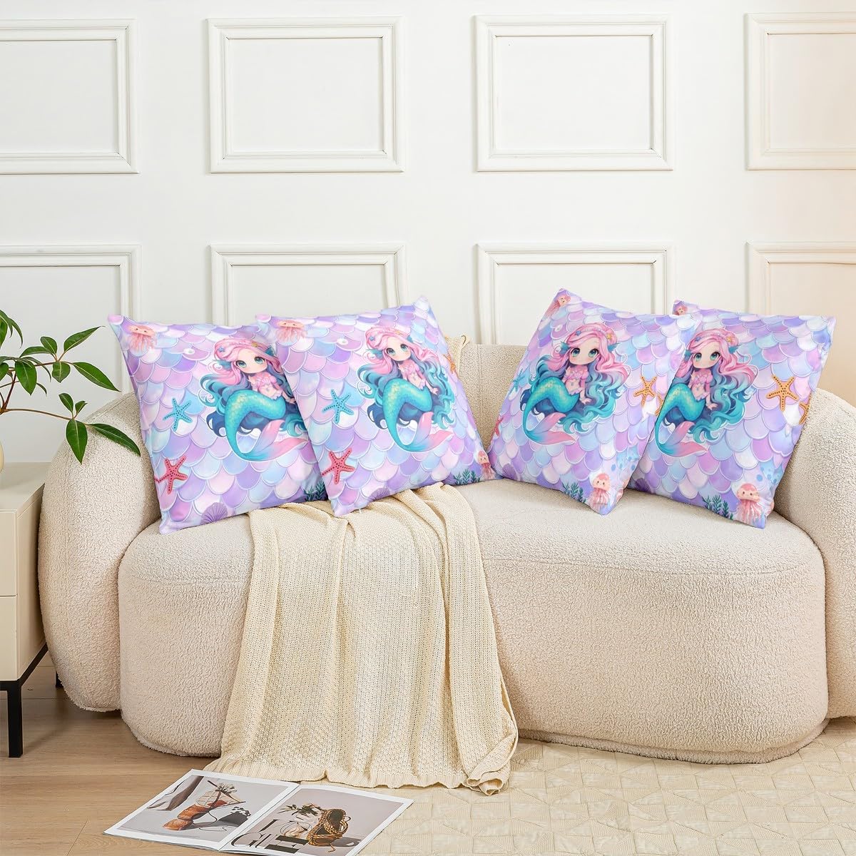 Erosebridal Mermaid Tail Pillow Cover 24x24 Inch,Cute Mermaid Princess Throw Pillow Cover for Sofa,Kids Fish Scales Cushion Case,Girly Purple Blue Sea Animal Skin Decorative Pillow Cover