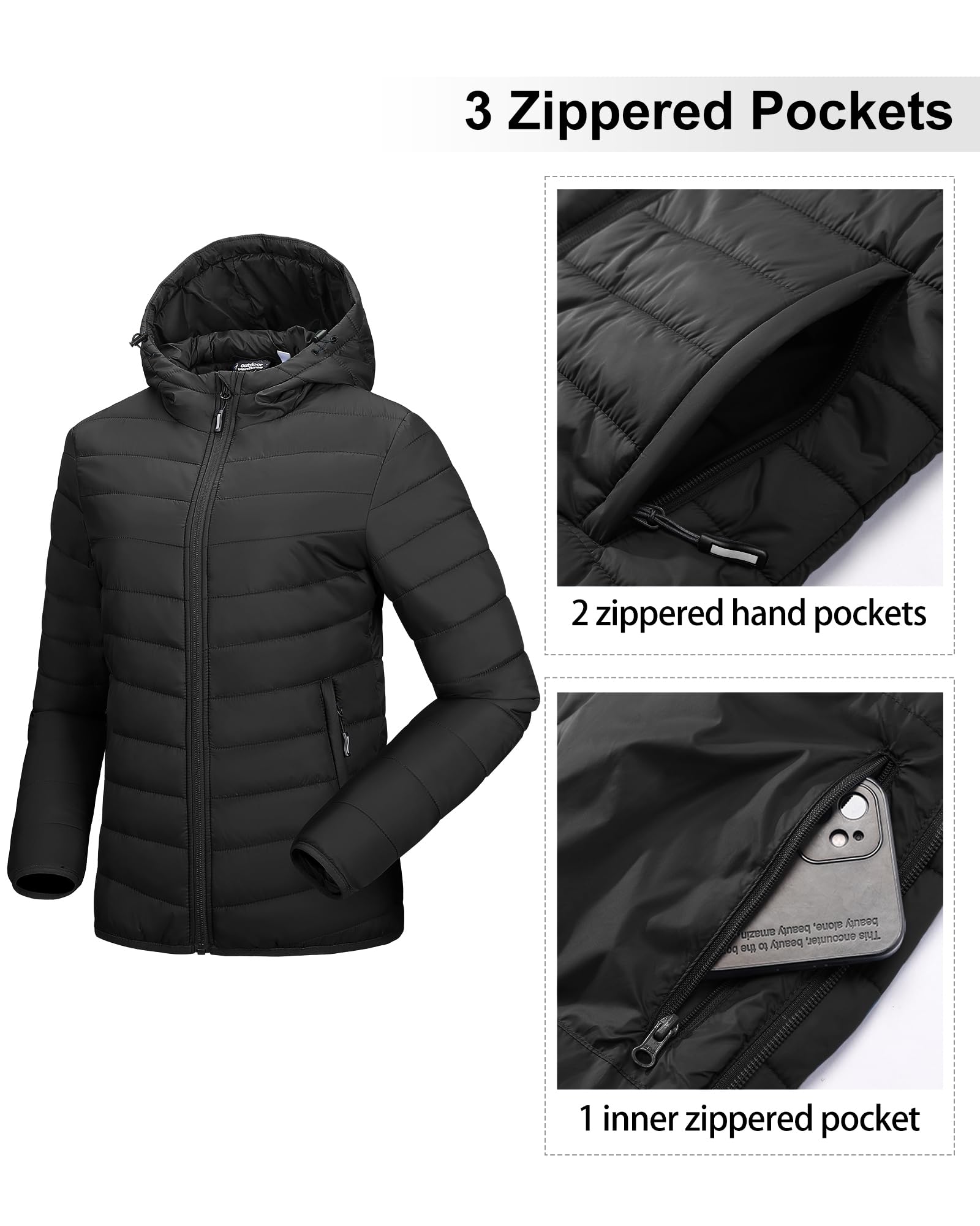 Outdoor Ventures Veste d'hiver légère avec capuche pour femme, chaude, courte, compressible, matelassée, avec doublure, mi-saison, pour randonnée, voyage