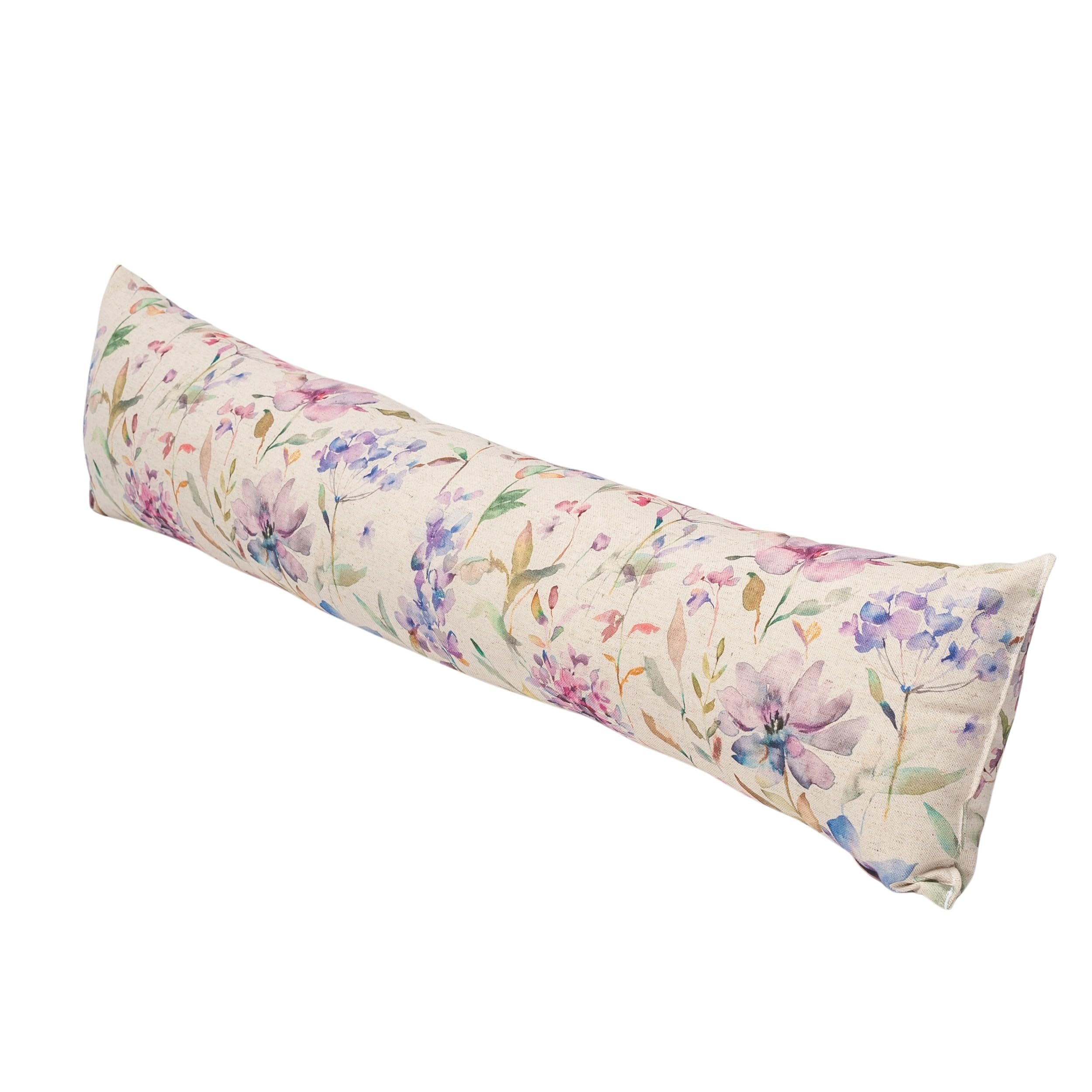 Linen Loft Purple Watercolour Blossom Linen Blend Draught Excluder. Pink, And Green Botanical Floral Design On An All-Natural Fabric. Energy Saving Home Accessory. 90X20cm