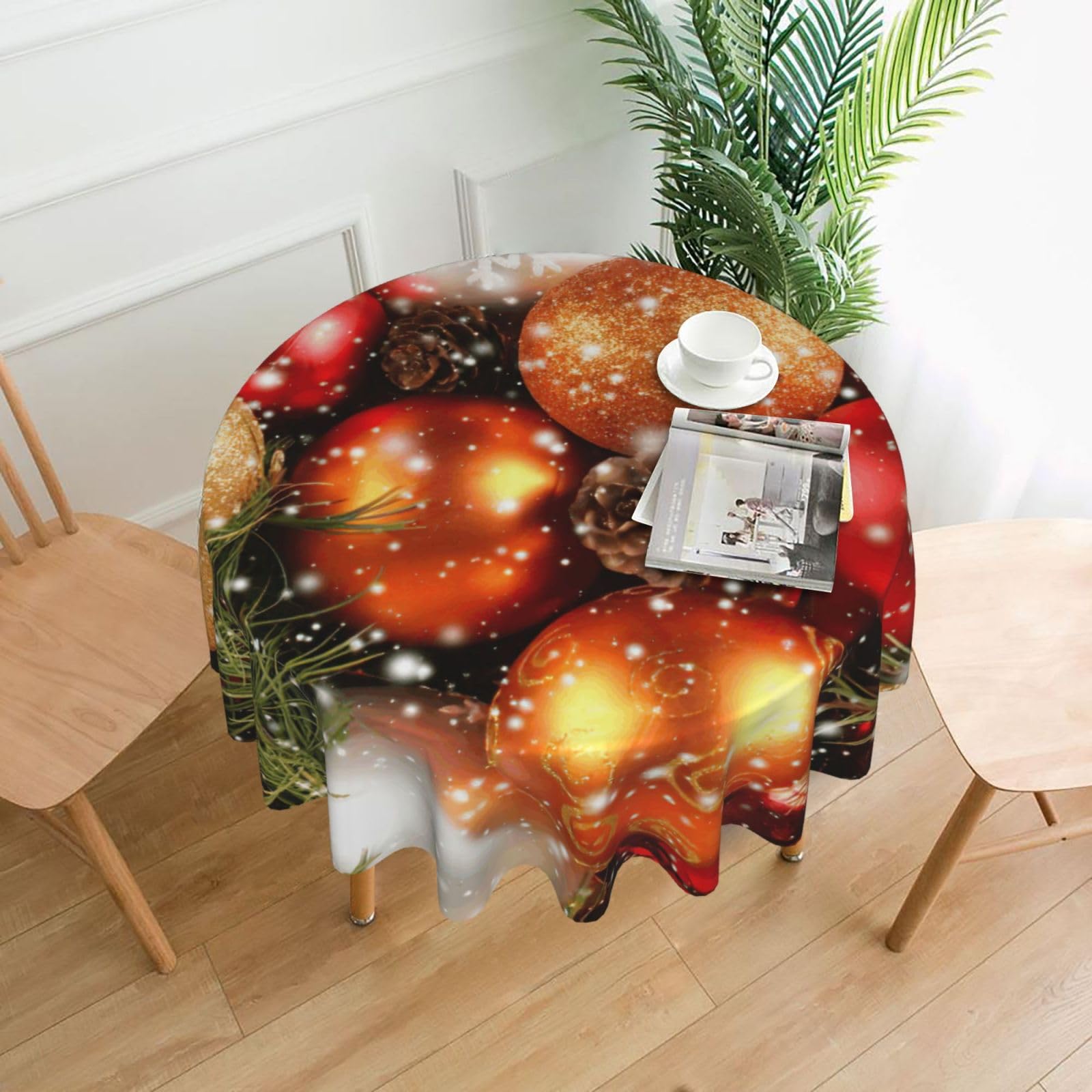 SDEGTHO christmas new year balls Print Modern Retro Round Tablecloth 60in Polyester Fabric Cover for Party Dining Table Washable
