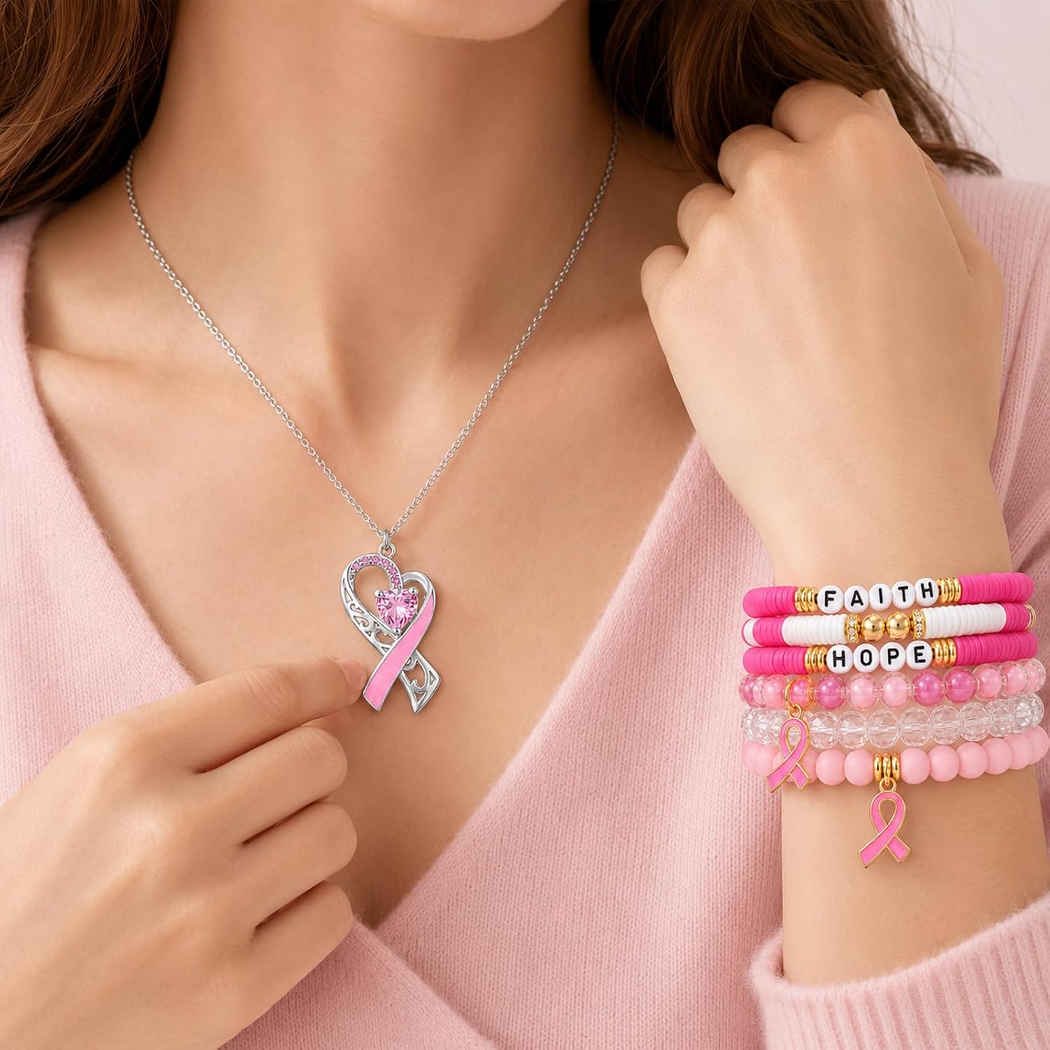 Breast Cancer Necklace Bracelet Set for Women image 3