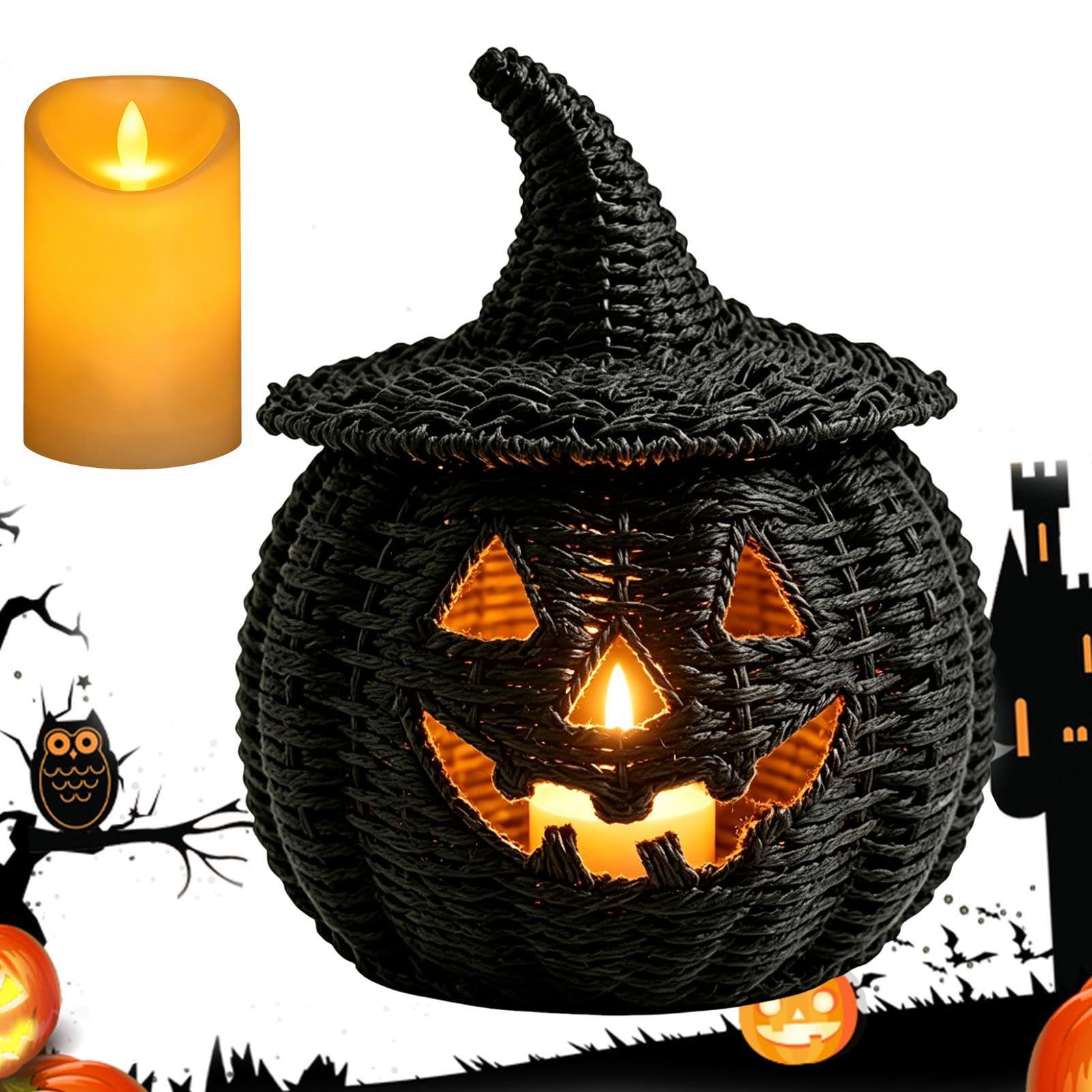 Tkana dynia Halloween Halloween pojemnik do przechowywania ze świecą LED | Ręcznie wykonany kosz na cukierki do domu salonu biurko kominek stół do jadalni wejście ganek przyjęcie świąteczne
