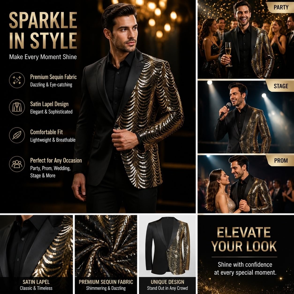 Giacca Blazer Da Uomo con Paillettes Lucide Vestibilità Slim Monopetto Scintillante Giacca Da Smoking Asimmetrica Abbigliamento Formale Da Sera per Feste Matrimoni Banchetti E Balli Di Fine Anno.