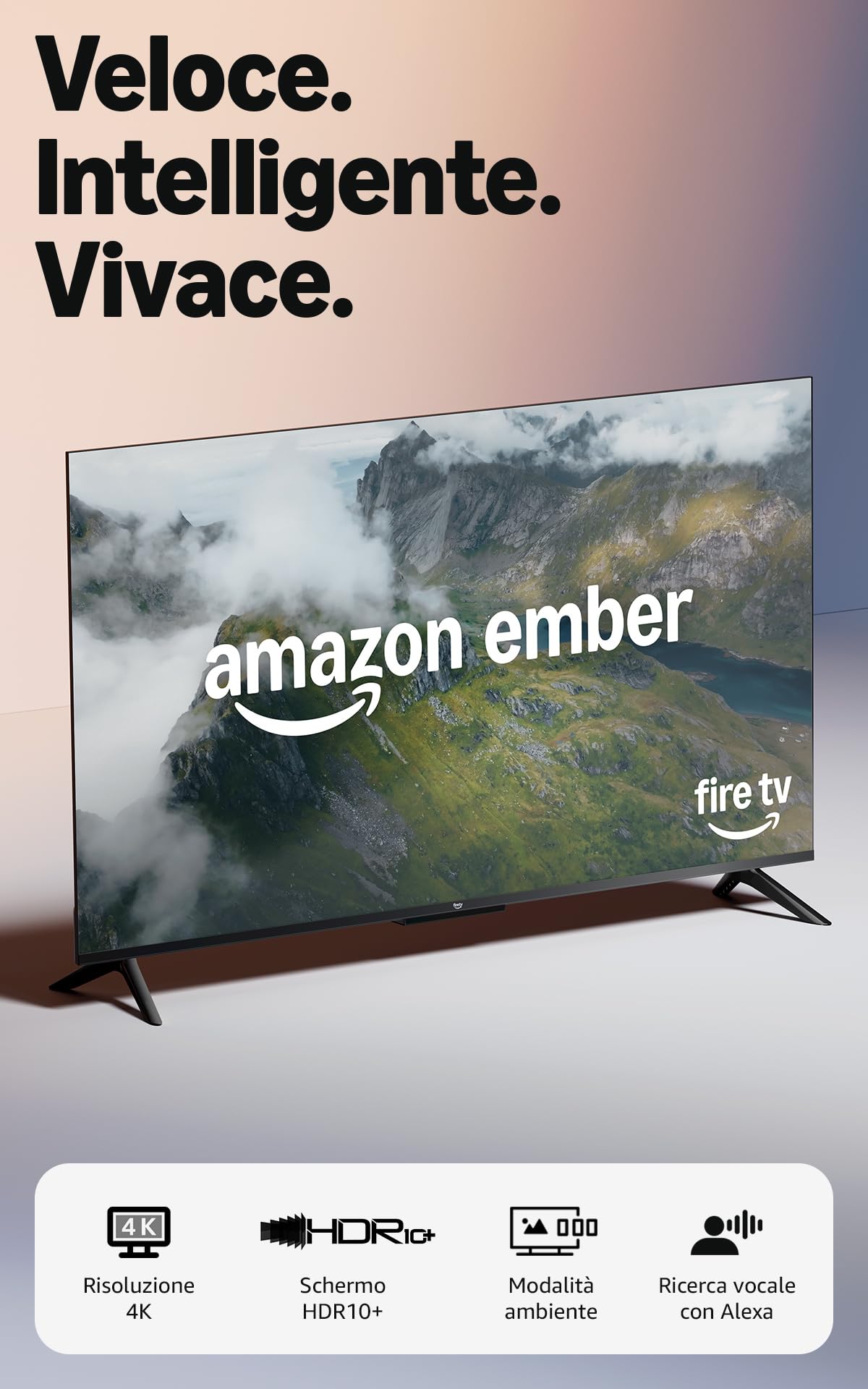 Amazon Ember serie 4 da 43" con Fire TV (ultimo modello), smart TV 4K Ultra HD con telecomando Alexa, HDR10+, processore veloce, Dolby Audio, modalità ambiente, TV in diretta gratuita