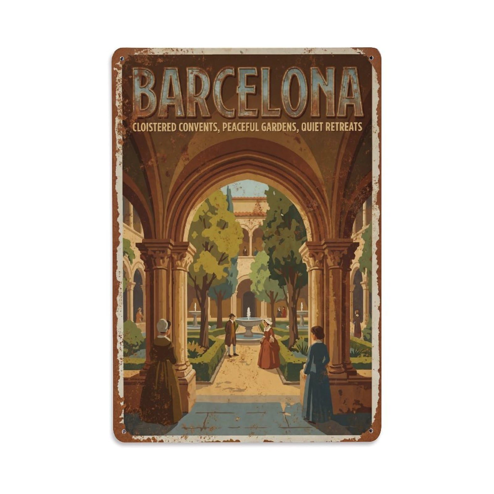Vintage Travel Convents Spain Cloistered Metal Tin Sign