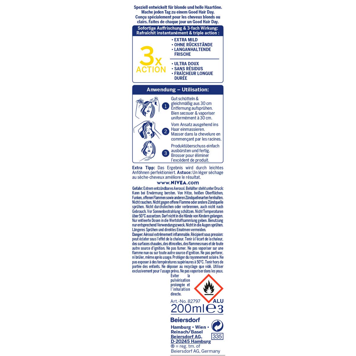 Nivea 3 in1 a secco di shampoo per Blonde e luminoso haartoene, Fresh Revive, confezione da (4 X 200 ML)