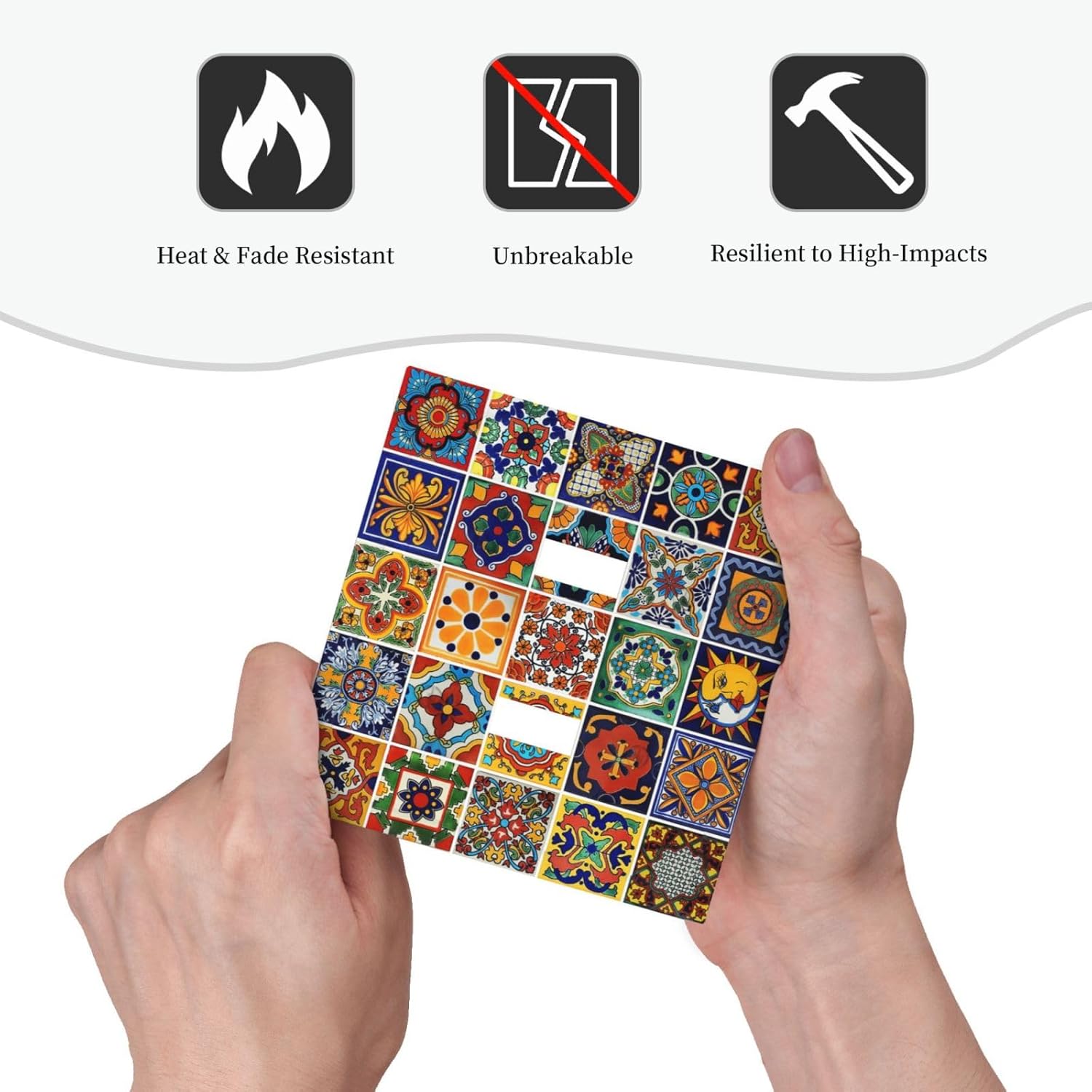 Mexican Talavera Tile Boho Colorful Floral Moroccan Ceramic Bricks Double Toggle Light Switch Covers Decorative 2 Gang Wall Plate Electrical Dual Device Switchplate Dimmer Faceplate Home Decor