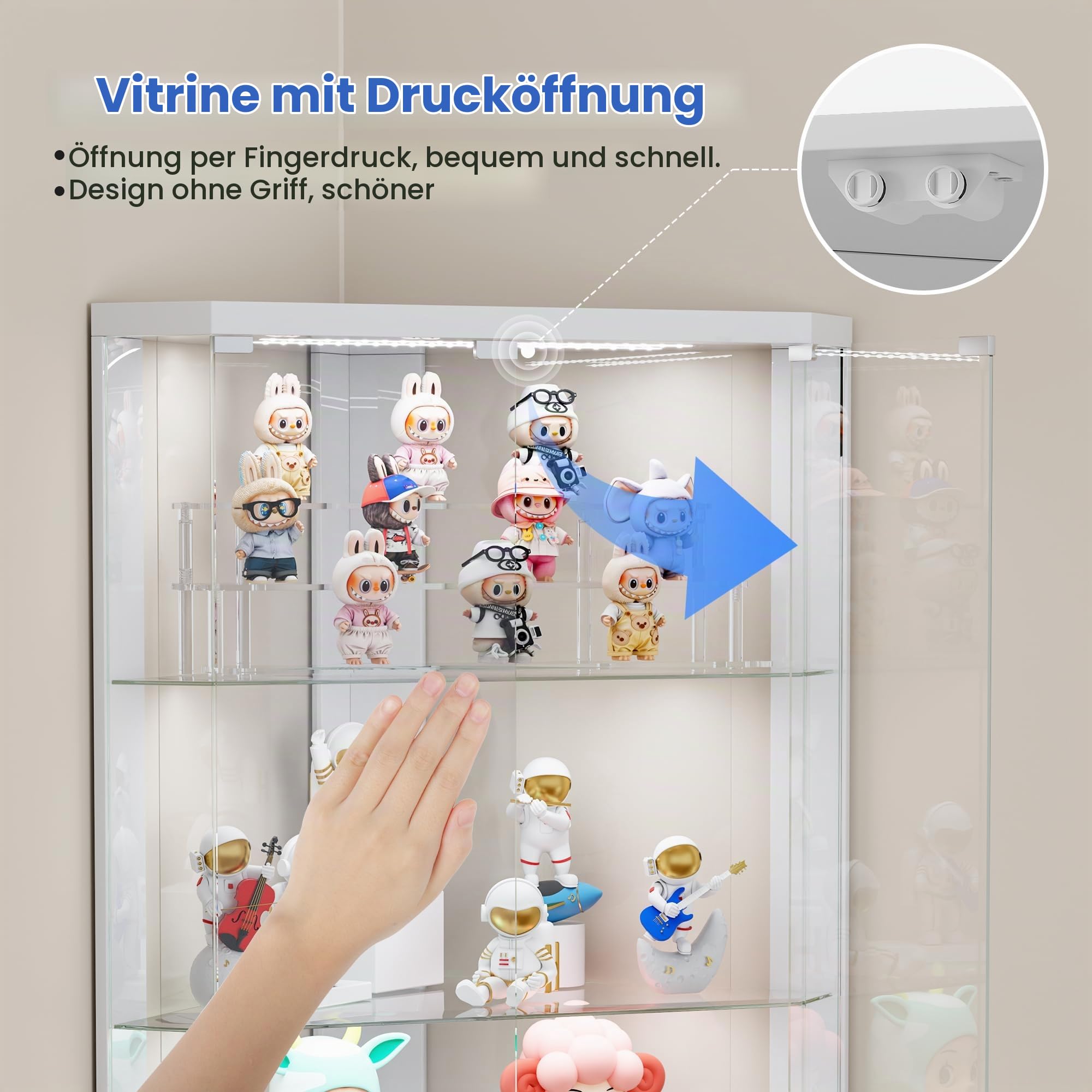 Lvifur 175cm 5-Lagen Eckvitrine mit Menschlicher Sensor & Glastüren,Weiß | Glasvitrine mit LED Beleuchtung für Sammlervitrine und Wohnzimmer