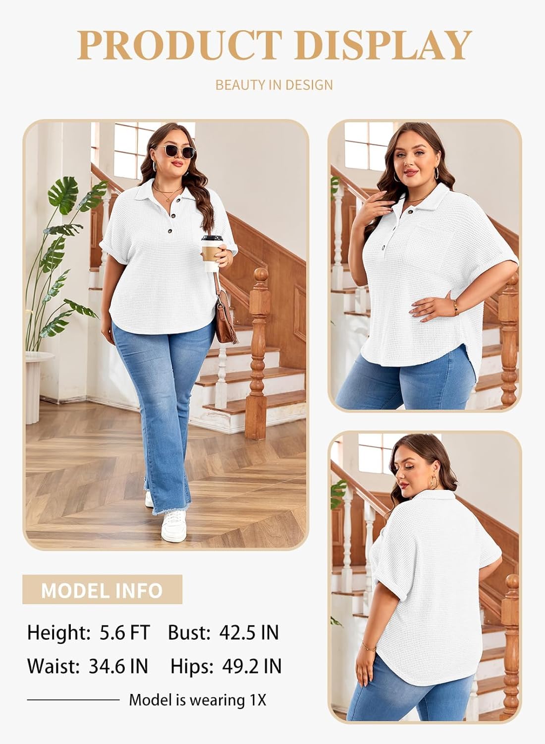 Eytino Plus Size Button Down Shirts for Women Casual Waffle Knit Tops Short Sleeve V Neck Dreesy Blouse Tunic(1X-5X) - Image 3