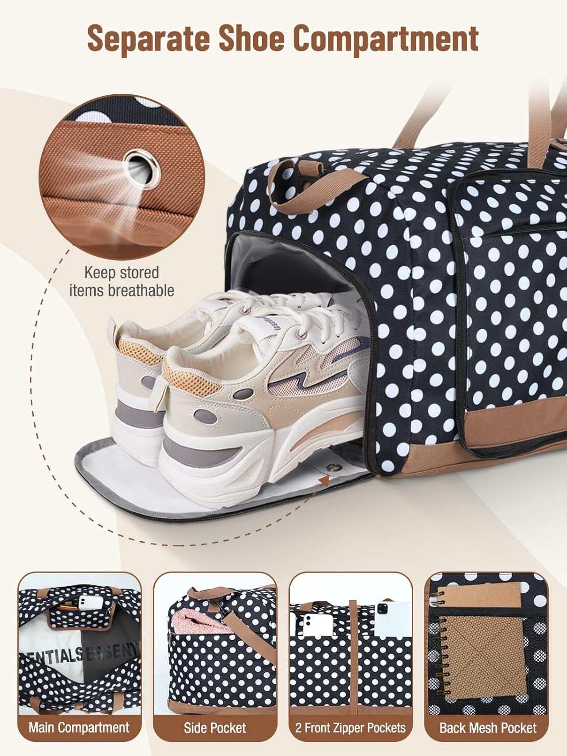 Lekesky Foldable Travel Duffel Bag for Women, 80L Large Duffle Bag with Separate Shoes Compartments & Straps, Carry On Weekend Bag for Women, Hospital, Overnight(Polka Dots) - Image 4