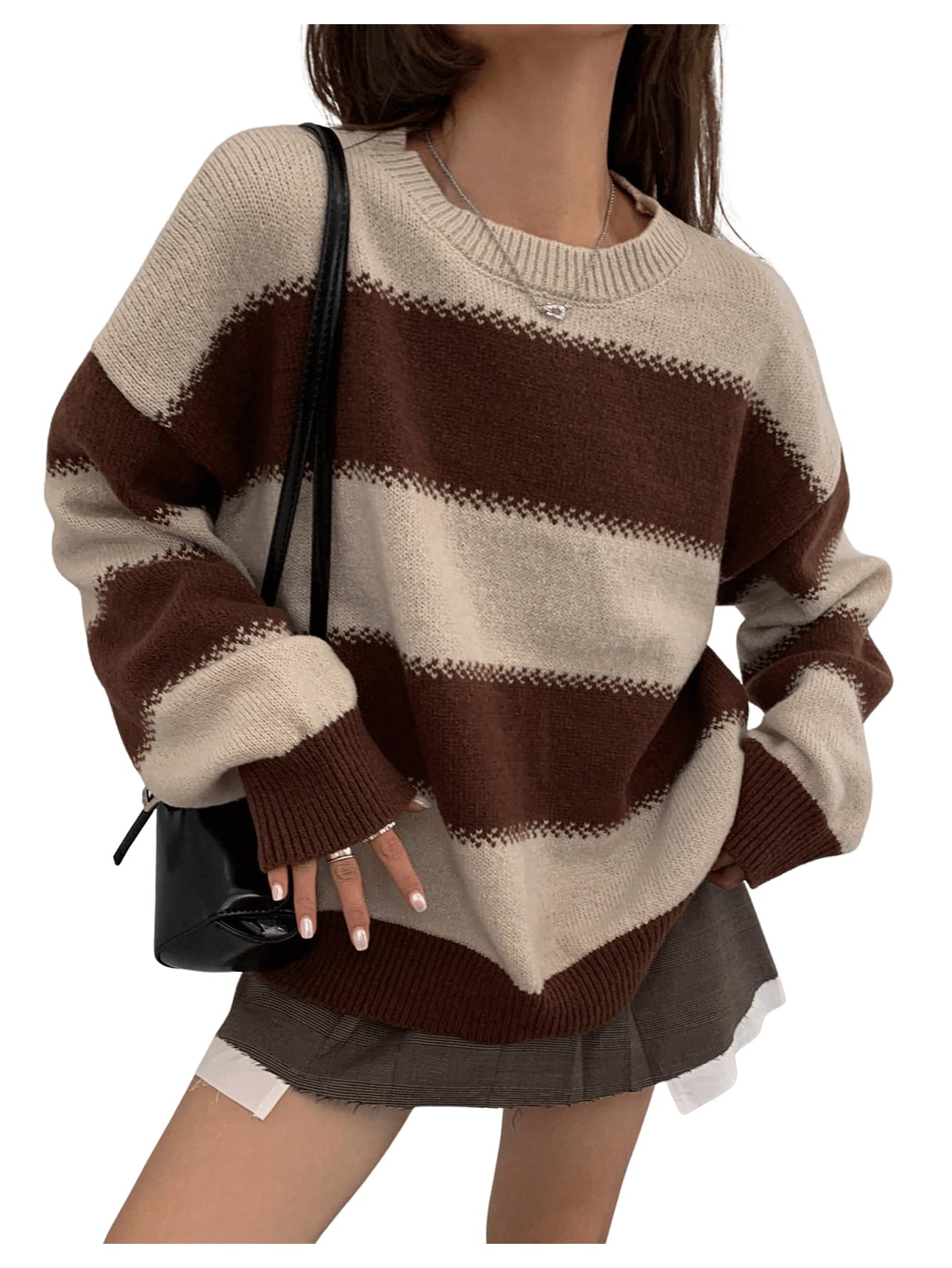 SweatyRocks Womens Striped Sweater Vintage Color Block Chunky Cozy Sweaters Winter Clothing