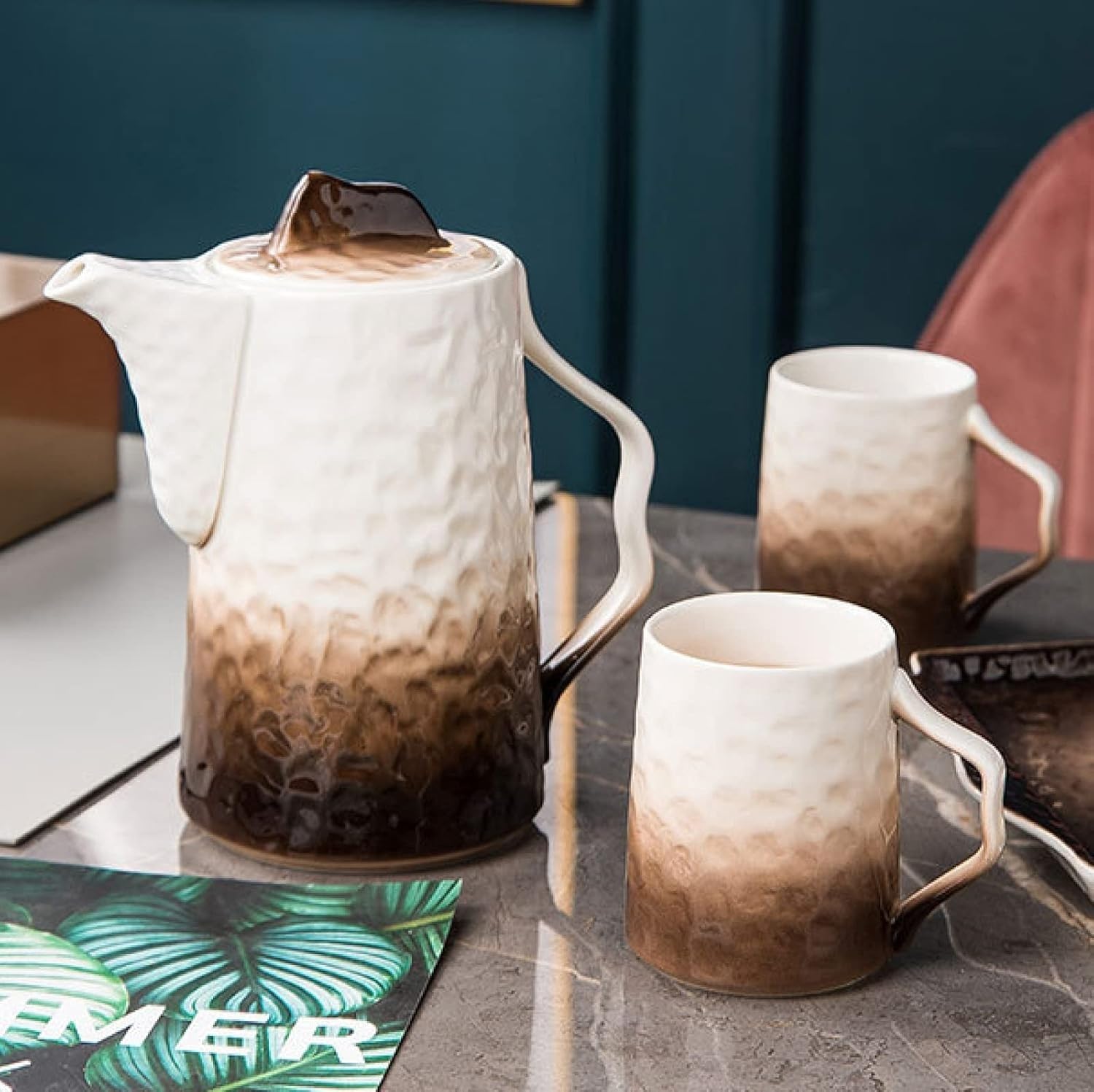 Zestaw filiżanek do espresso, kubki do kawy, herbata porcelanowa dla dorosłych 1 czajniczek 6 Nordic Service dla osób do użytku domowego i biurowego Prezent(Brown)
