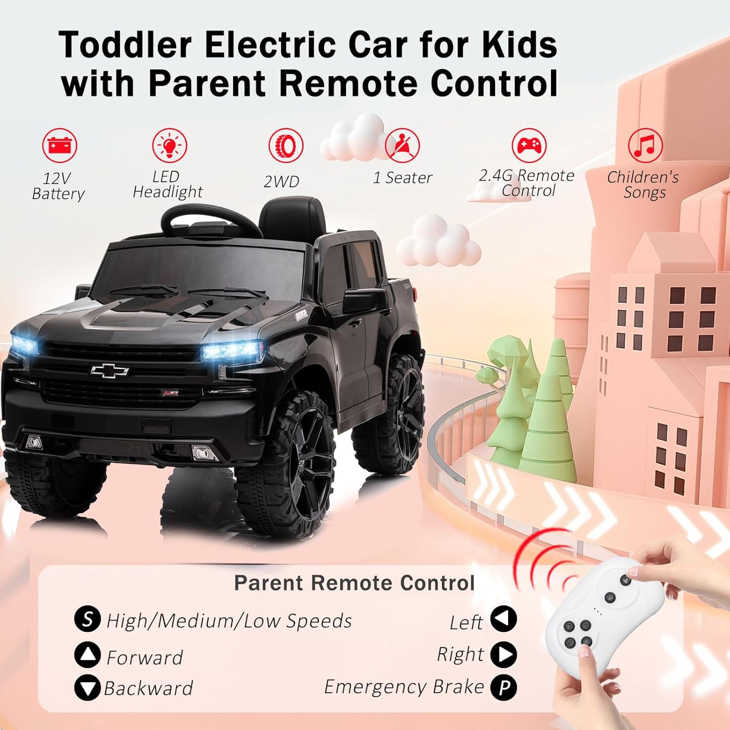 Kids Ride on Electric Vehicles Truck Car 12V Battery 4 Power Wheel Toy Cars for Age 1-3-5-8 Baby Toddler to Drive with Remote Control Chevrolet Silverado Pickup Kid Car for Boys Girls (Black)
