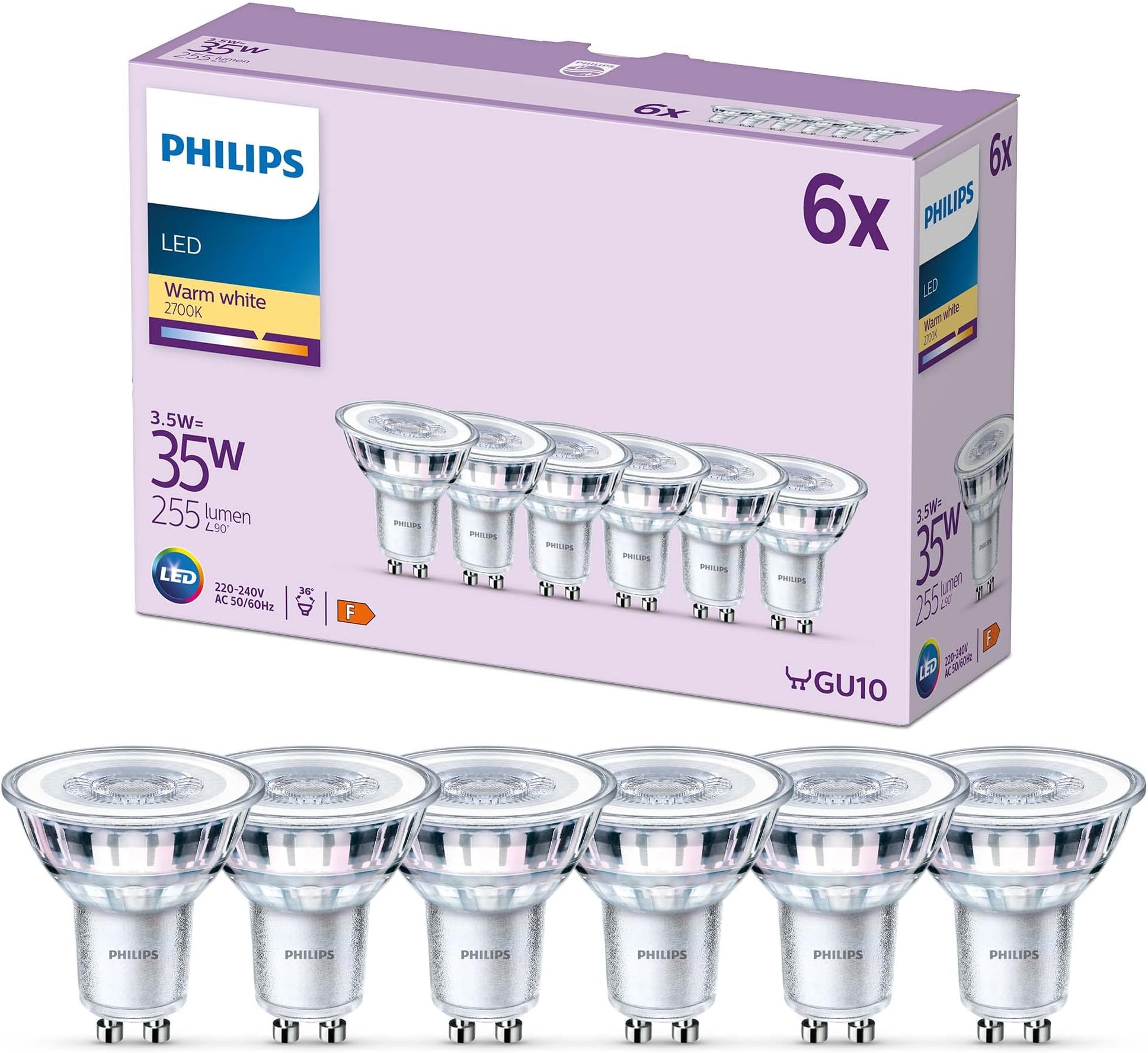 Philips LED Classic Spot Light Bulb 6 Pack [Warm White 2700K - GU10] 35W, Non Dimmable. for Home Indoor Lighting.