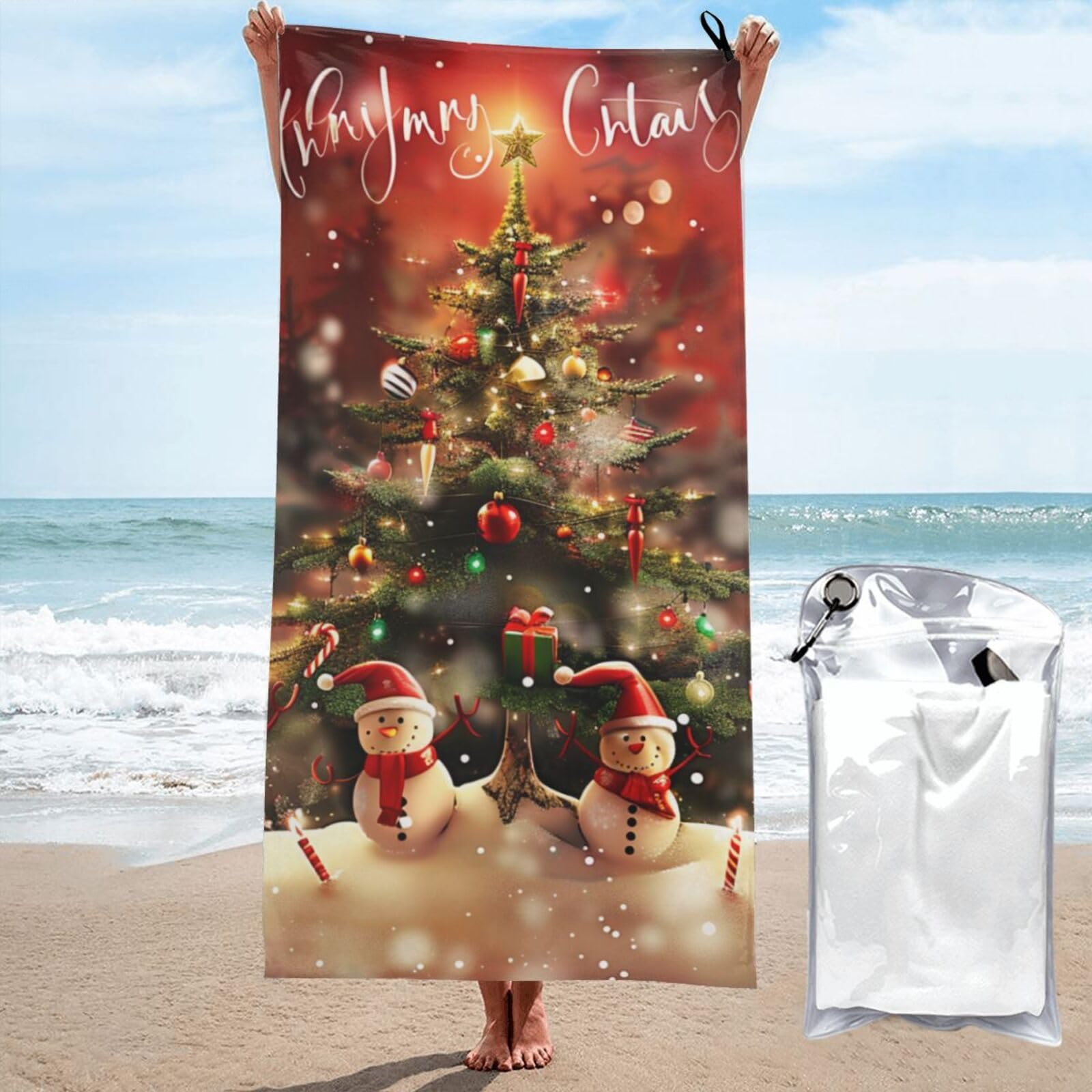 kkvhhyuo Microfiber Beach Towel, Merry Christmas Printed Lightweight Quick Dry Travel Bath Sheet with Compact Carry Bag for Swimming Yoga Camping Gym,31.5"x63"