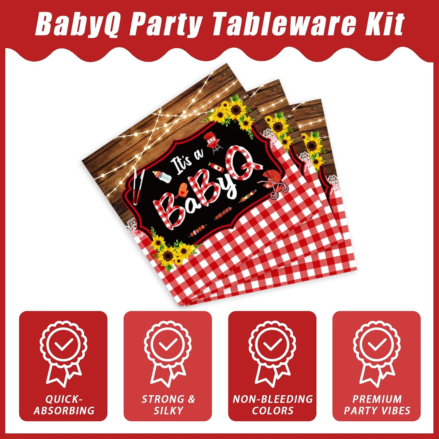 Kepeel 96 Pcs BBQ Baby Shower Decorations, It’s A BabyQ Party Plates and Napkins Supplies Set Sunflower Rustic Wood Barbecue Baby Shower Gender Reveal Picnic Party Disposable Tableware Kit, Serves 24