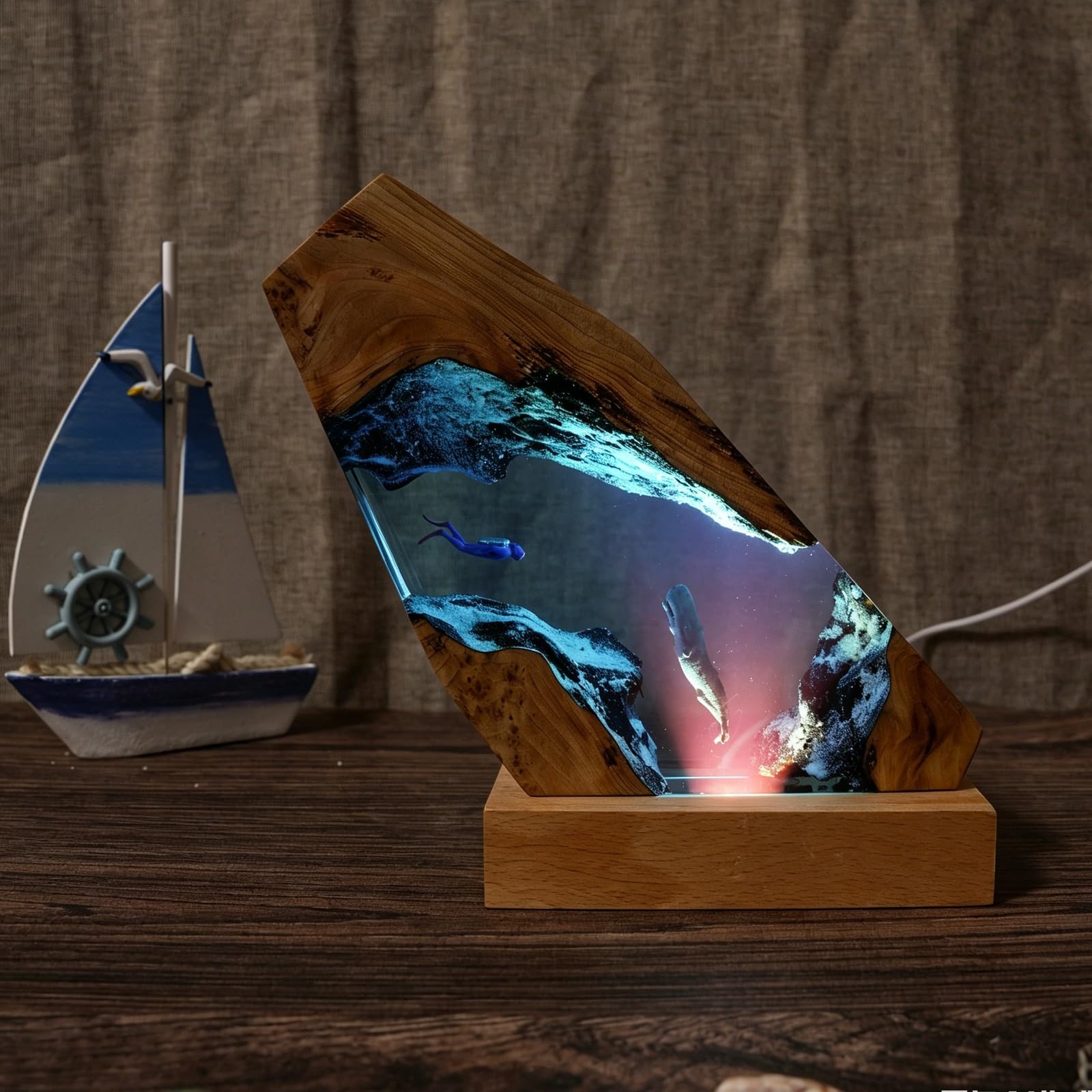 FGJtguE Woods lamp, with Multiple Marine Themes,Handcrafted Epoxy Wood Night Light for Desk Decor,Birthday Lovers(B)